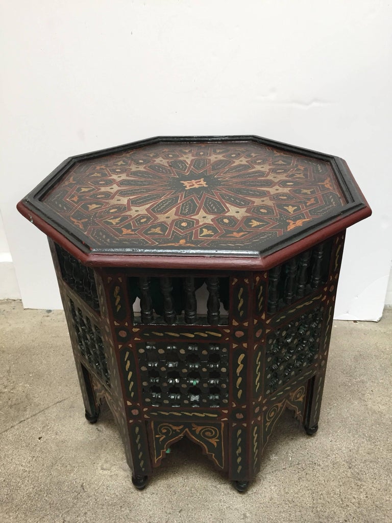 Pair of Moroccan HandPainted Dark Green Octagonal Side Tables For Sale