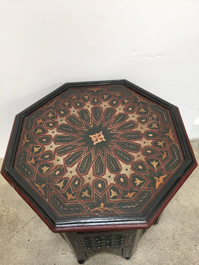 Pair of Moroccan HandPainted Dark Green Octagonal Side Tables For Sale
