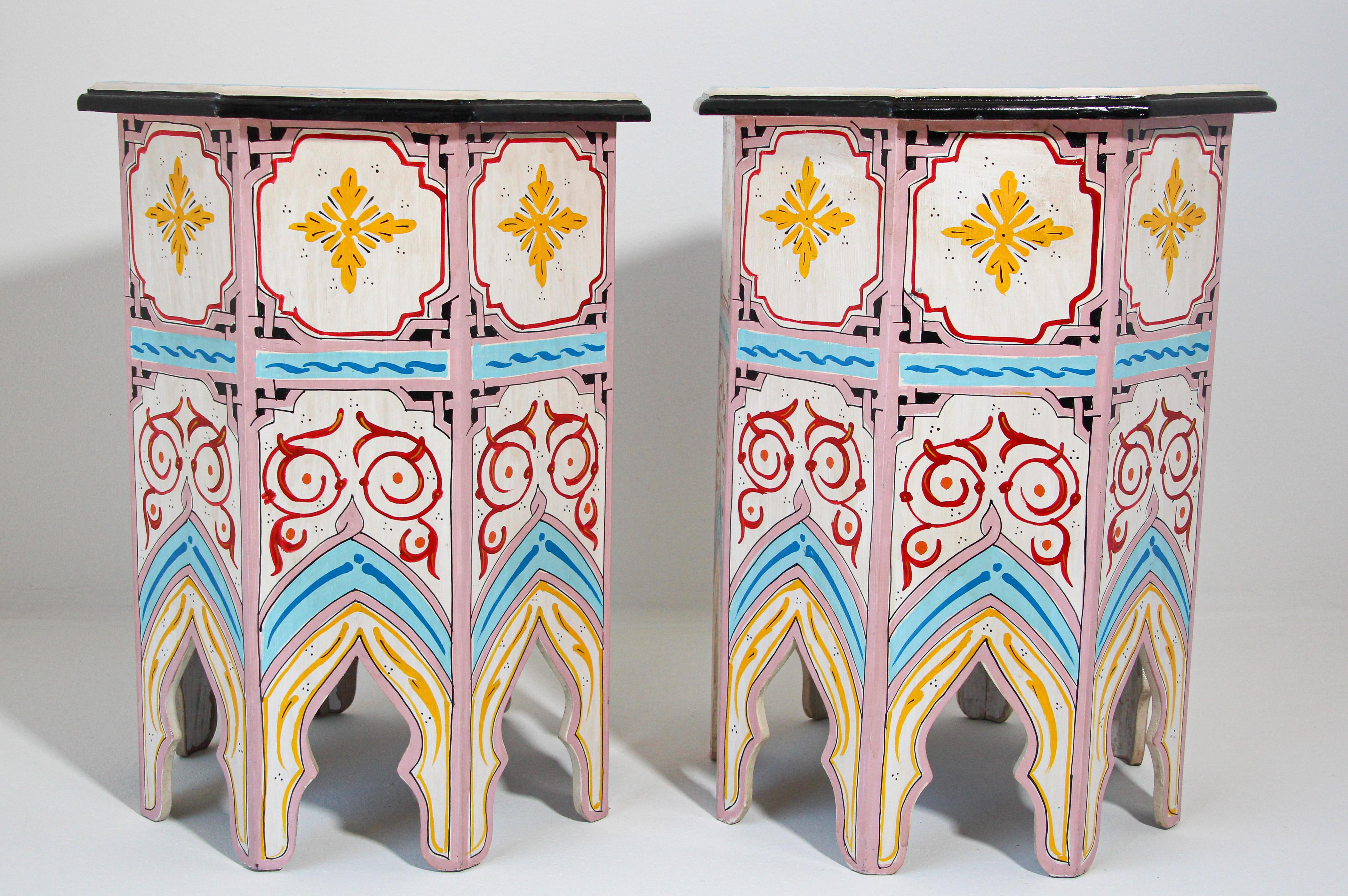 Bohemian Pair of Moroccan Hand Painted Pedestal Tables