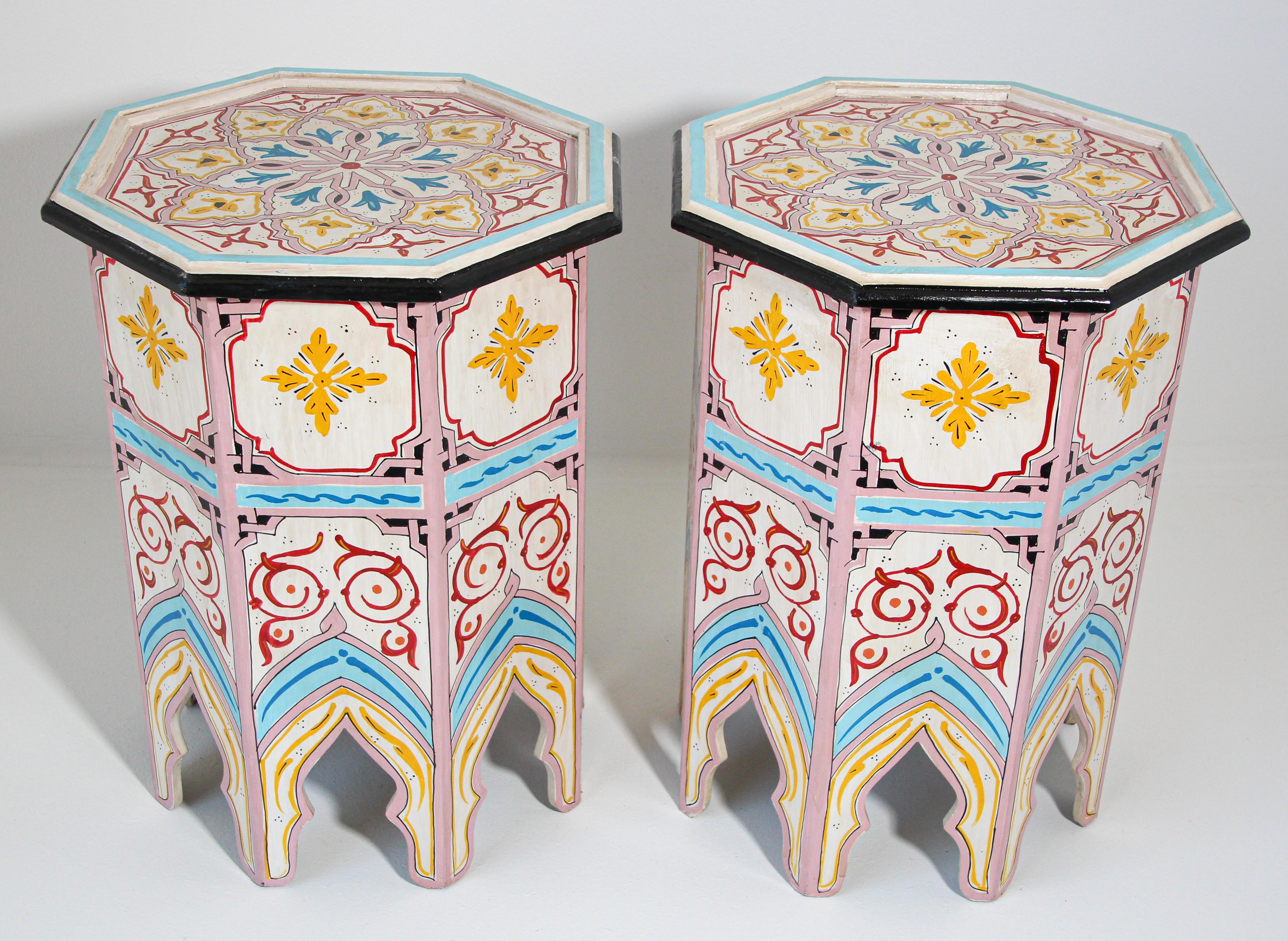 Hand-Crafted Pair of Moroccan Hand Painted Pedestal Tables
