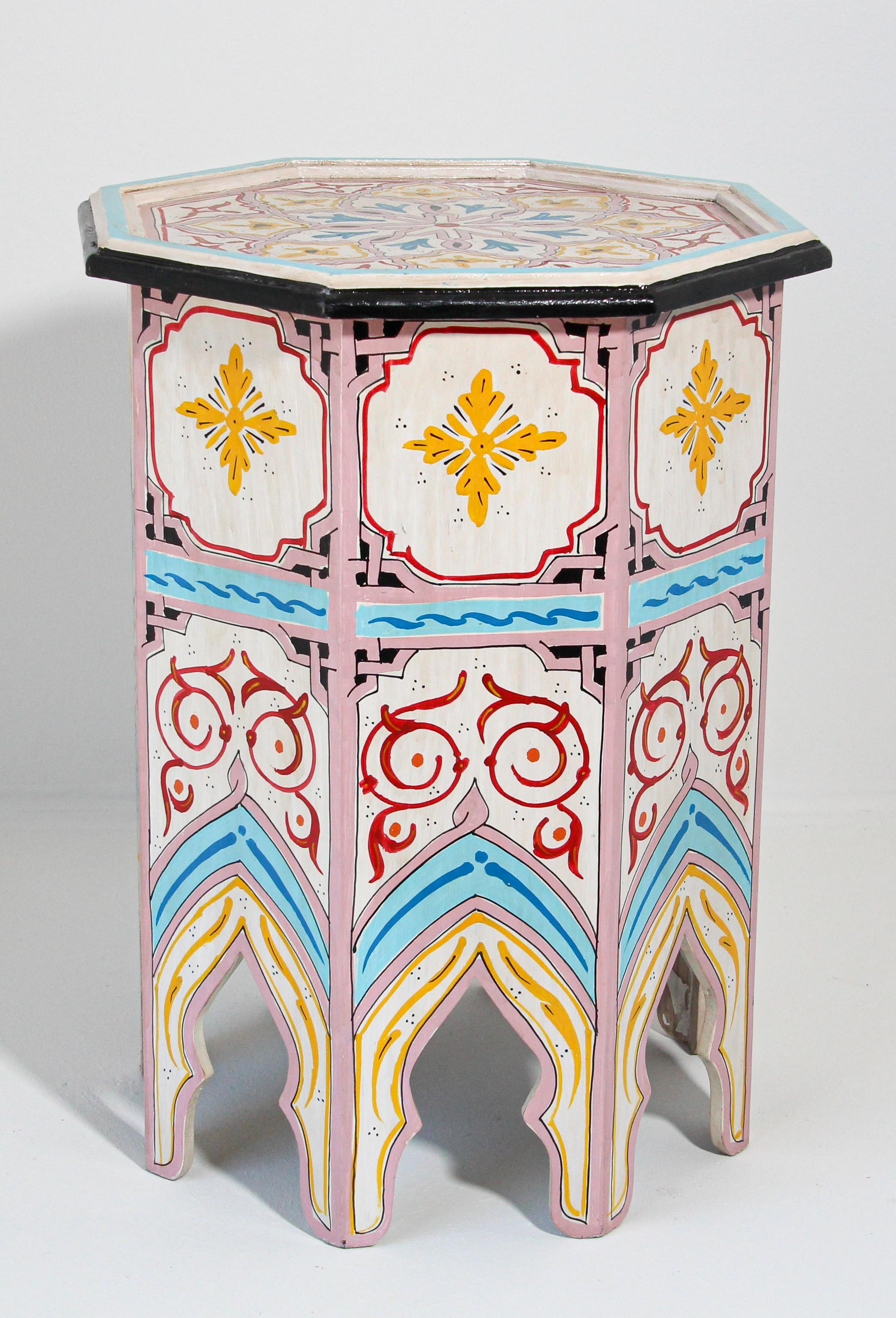 Wood Pair of Moroccan Hand Painted Pedestal Tables