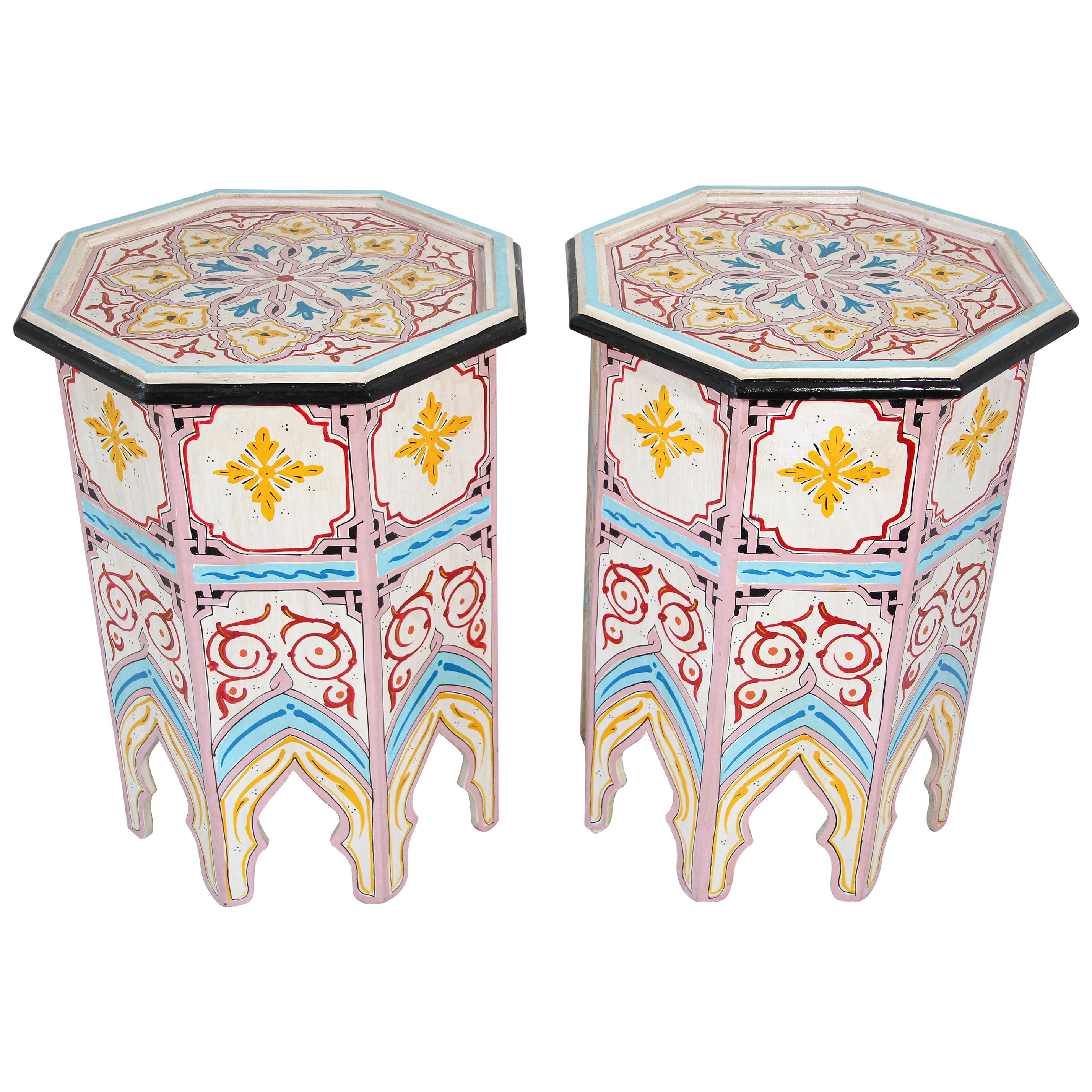 Pair of Moroccan Hand Painted Pedestal Tables