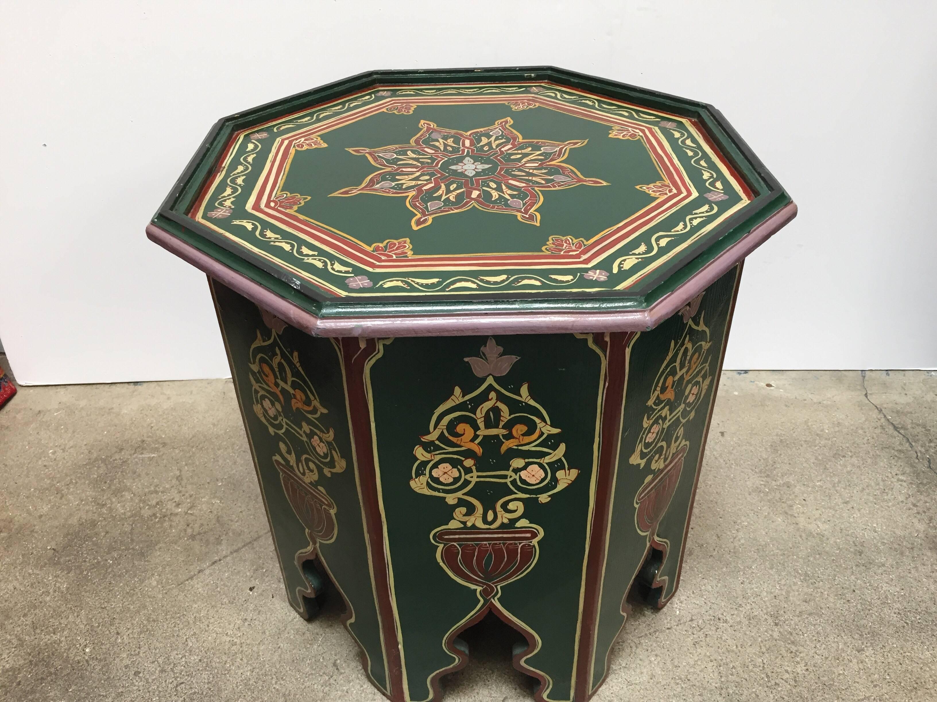 Pair of Moroccan colorful hand-painted dark green side table with Moorish designs cut out work on sides.
Dark green background with multicolored floral top and geometric designs.
Very fine wood artwork on an octagonal shape with Moorish arches on