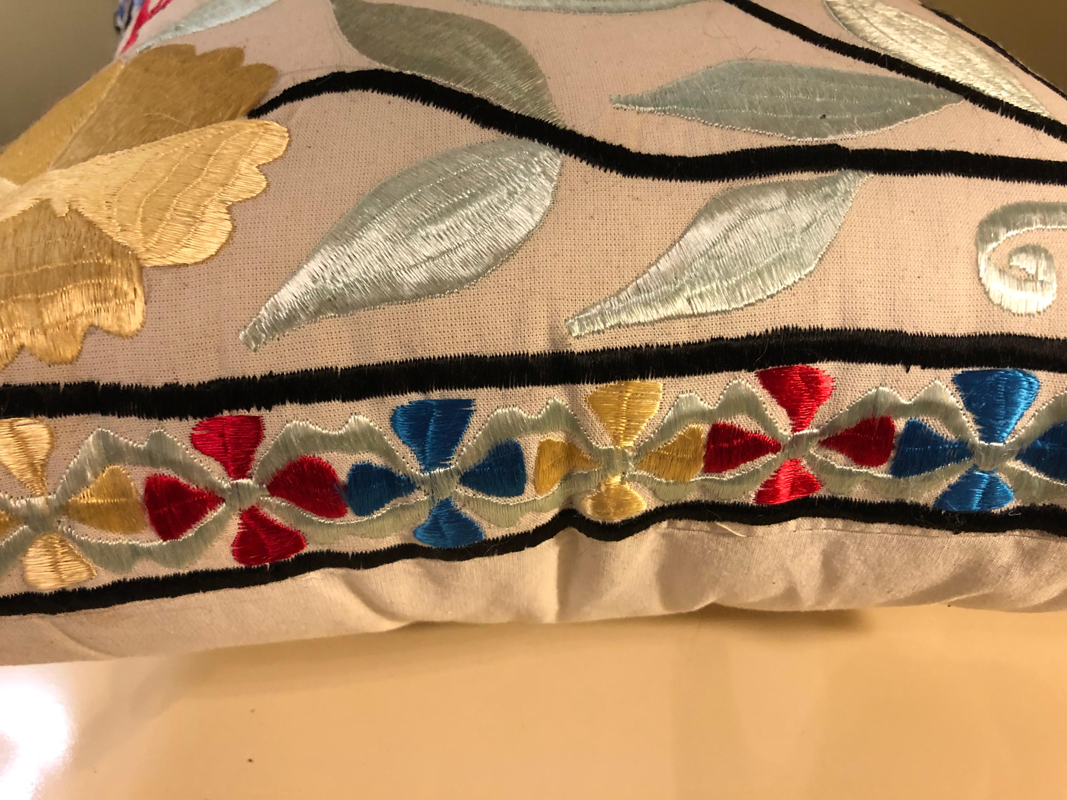 Pair of Moroccan handmade embroidered pillows

The pillows are exquisitely hand-embroidered in vivid colors on off-white featuring red, blue and yellow flowers.