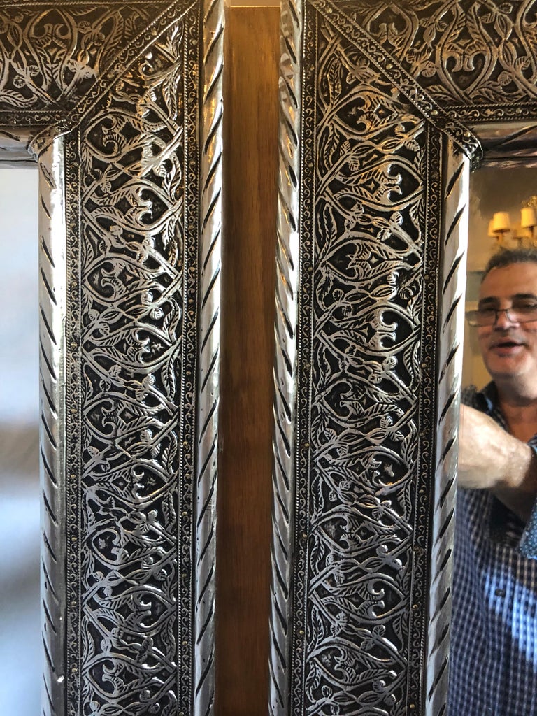 Pair of Moroccan Hollywood Regency Large Wall / Floor Pier Silver Metal