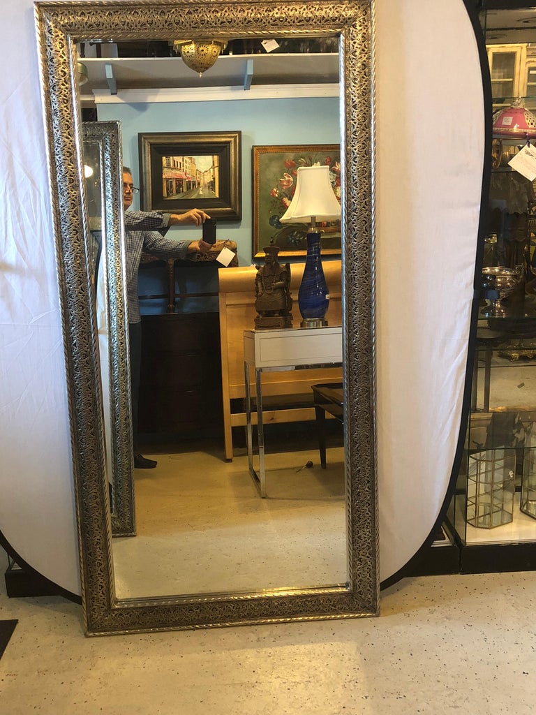 Pair of Moroccan Hollywood Regency Large Wall / Floor Pier Silver Metal