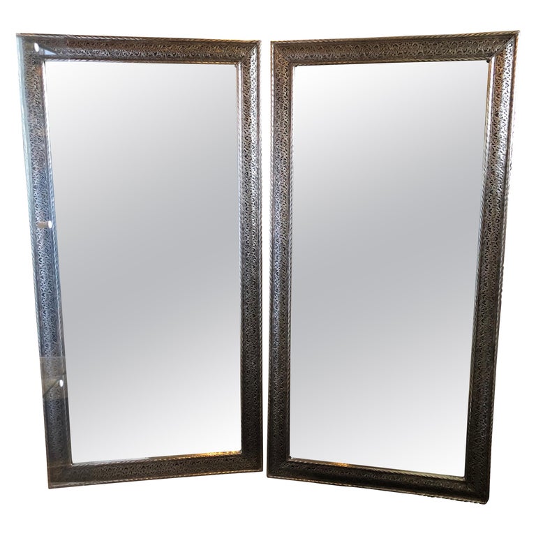 Pair of Moroccan Hollywood Regency Large Wall / Floor Pier Silver Metal