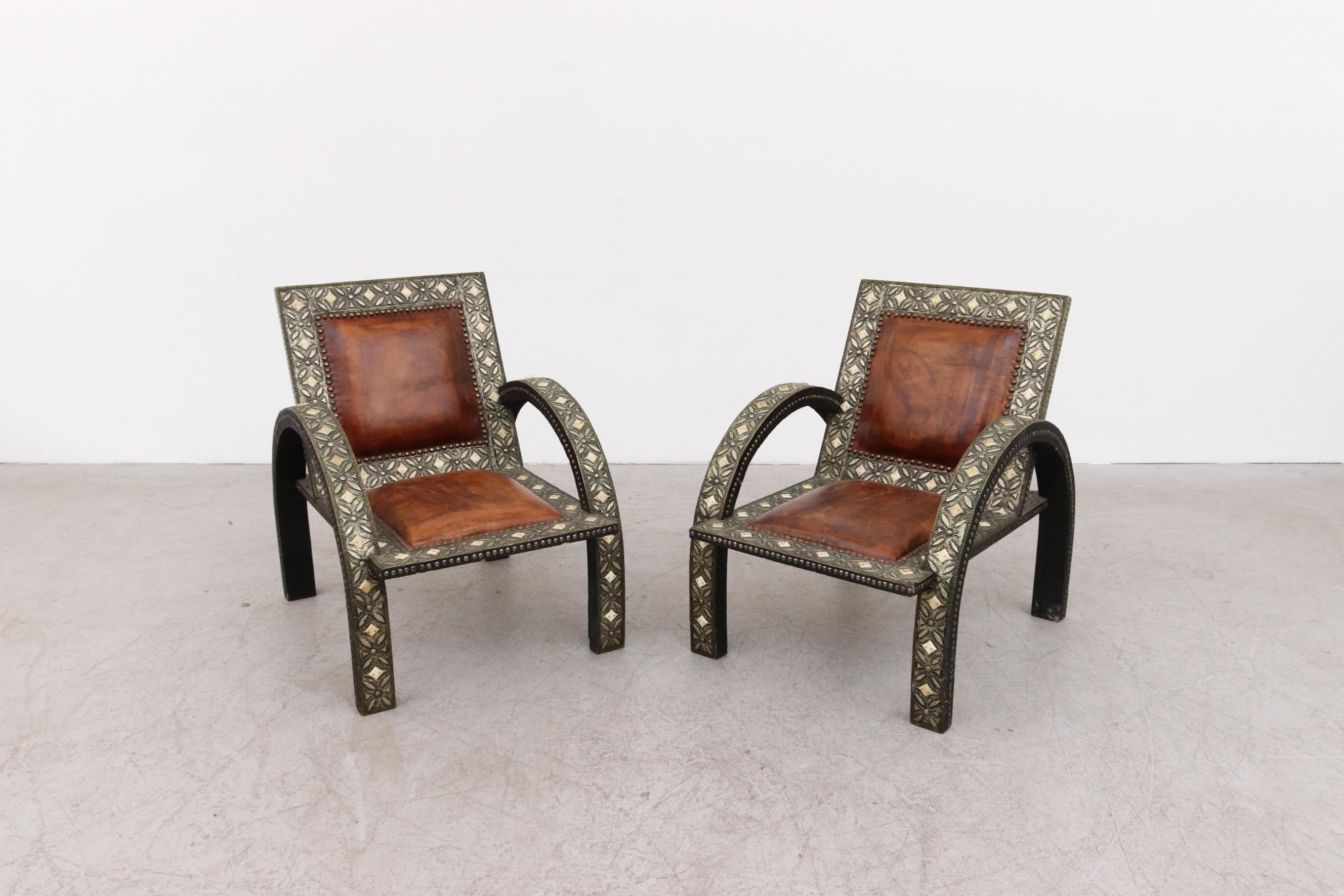 Mid-Century Modern Pair of Moroccan Inlay Lounge Chairs