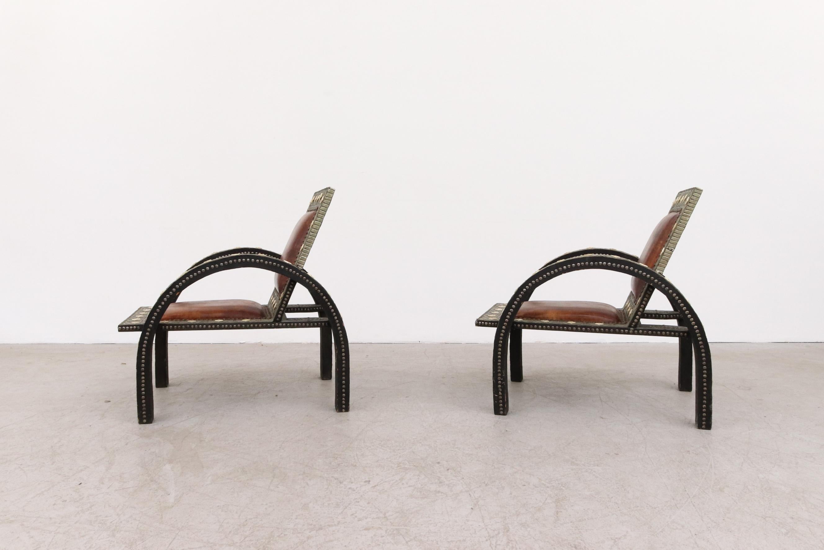 Leather Pair of Moroccan Inlay Lounge Chairs