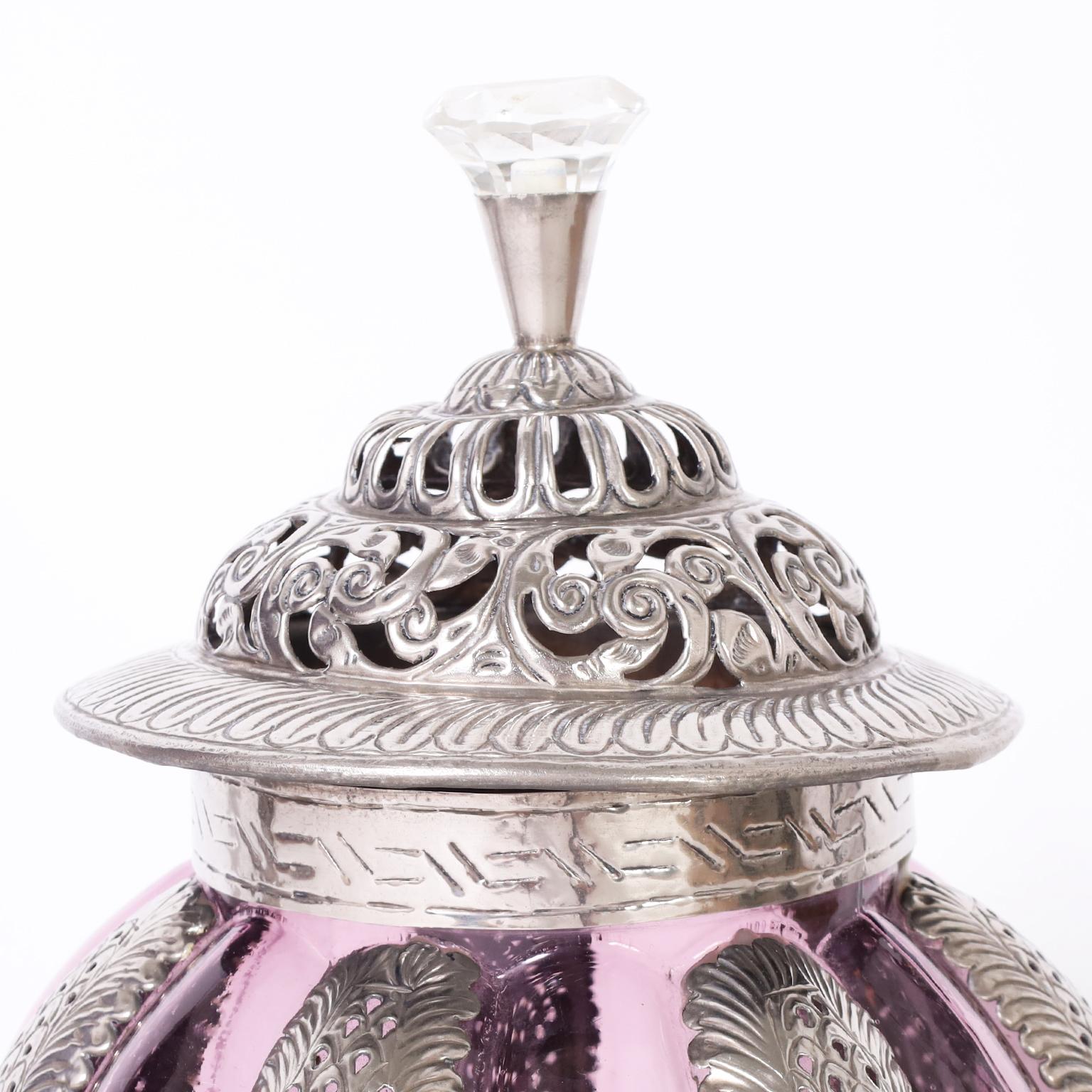 Pair of Moroccan Lidded Glass and Metal Lanterns In Good Condition For Sale In Palm Beach, FL