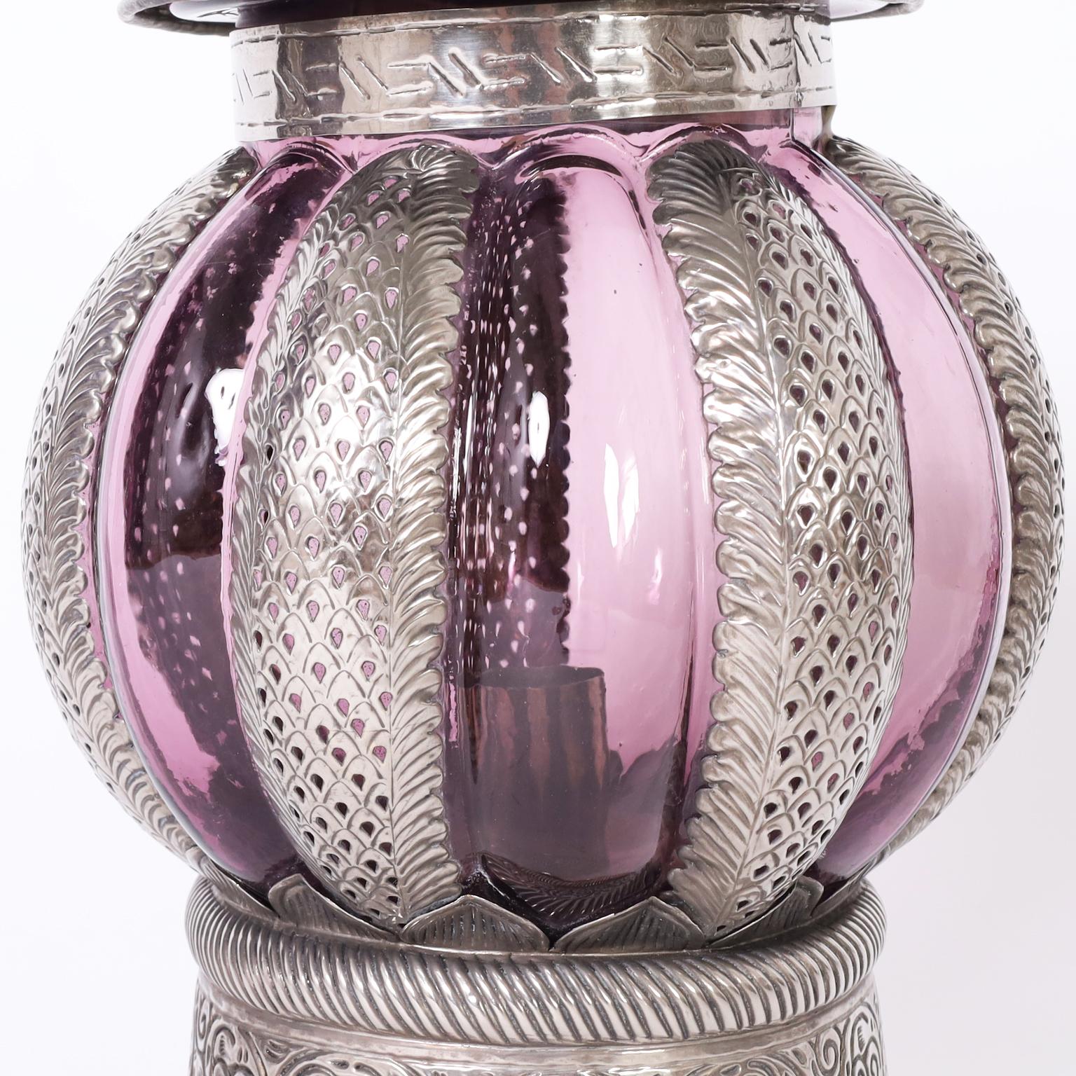 20th Century Pair of Moroccan Lidded Glass and Metal Lanterns For Sale