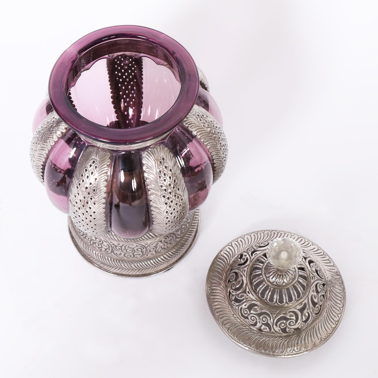 Pair of Moroccan Lidded Glass and Metal Lanterns For Sale 3