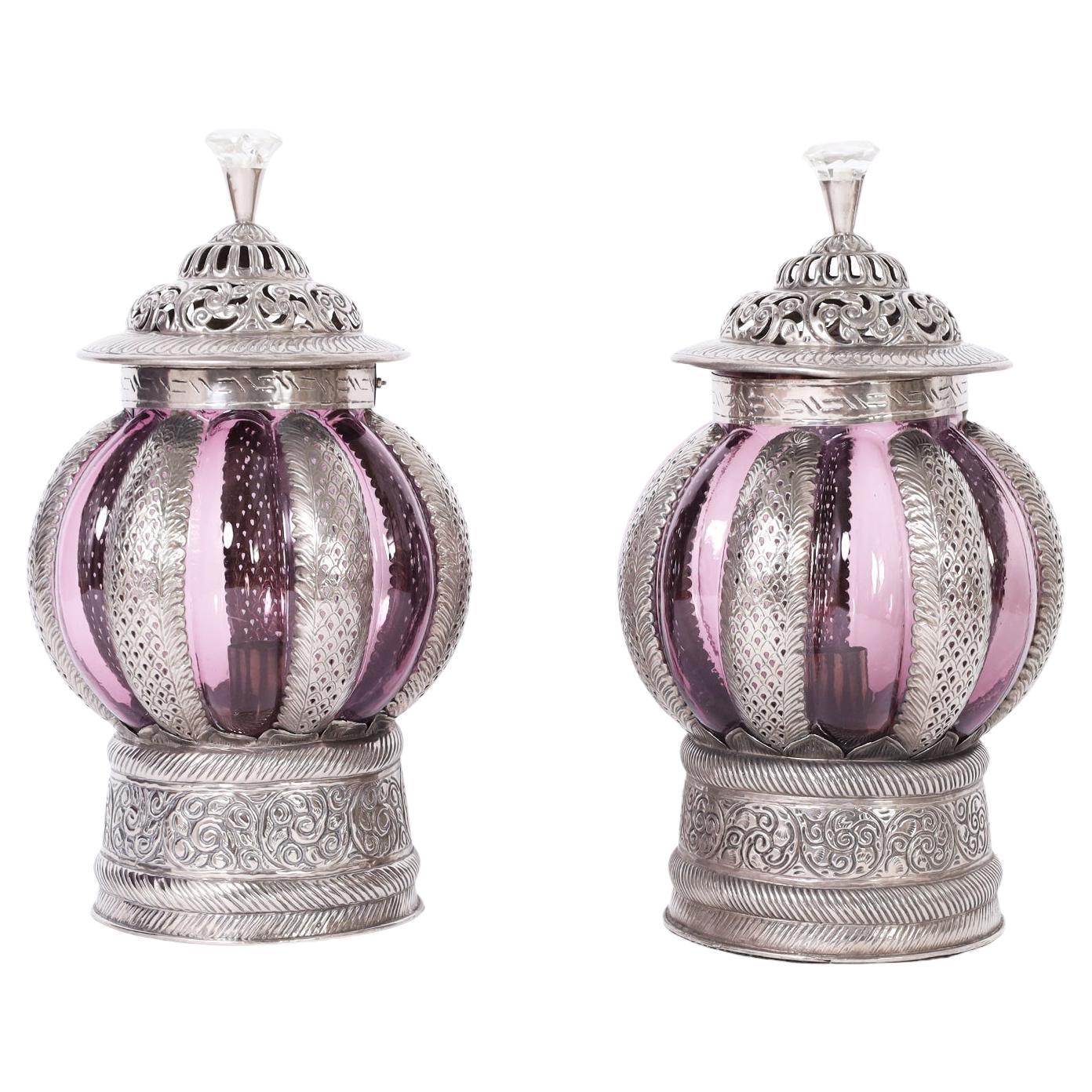 Pair of Moroccan Lidded Glass and Metal Lanterns For Sale