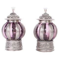 Pair of Moroccan Lidded Glass and Metal Lanterns