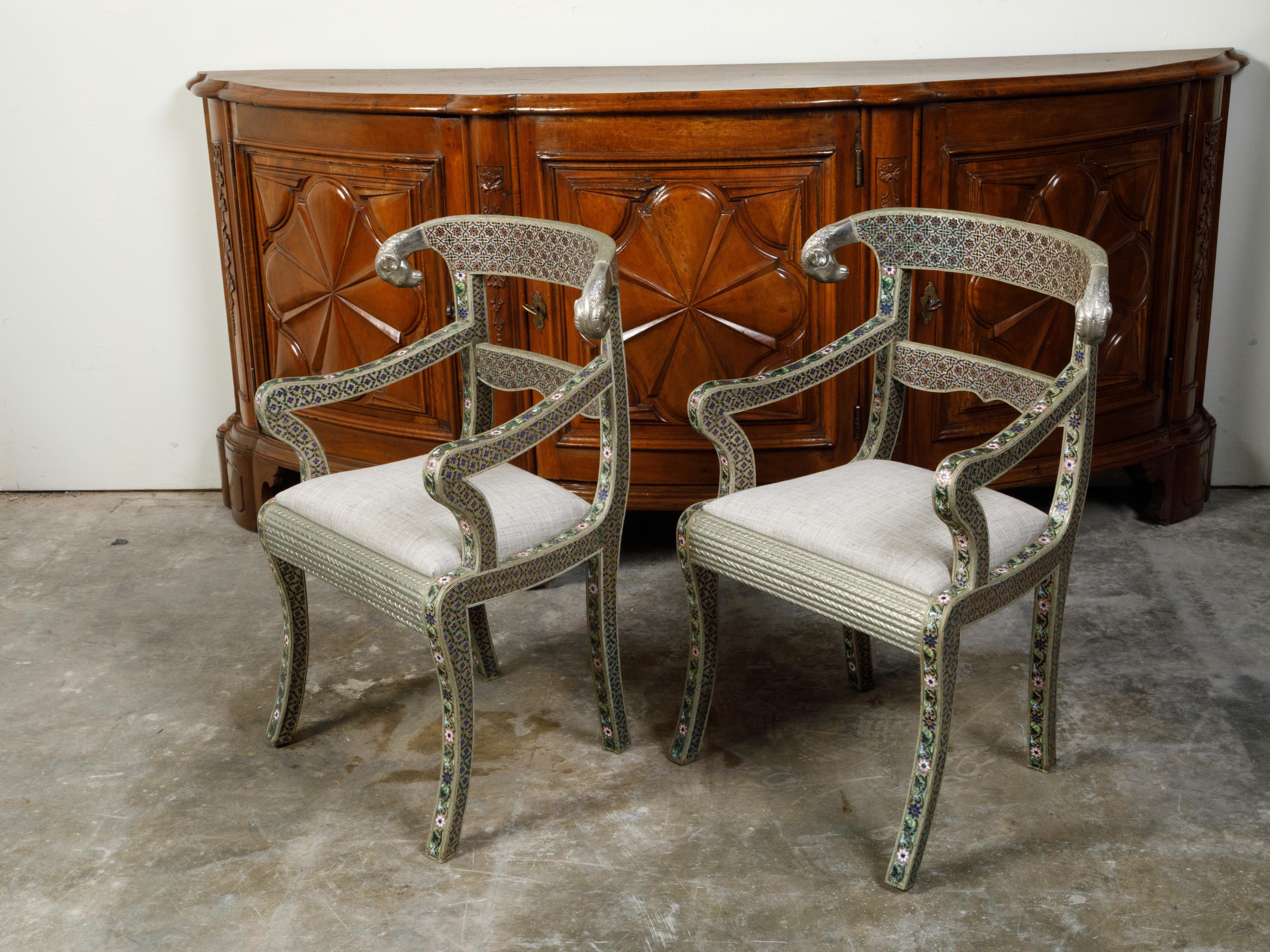 Pair of Moroccan Metal Upholstered Armchairs with Enamel Décor and Rams' Heads 6