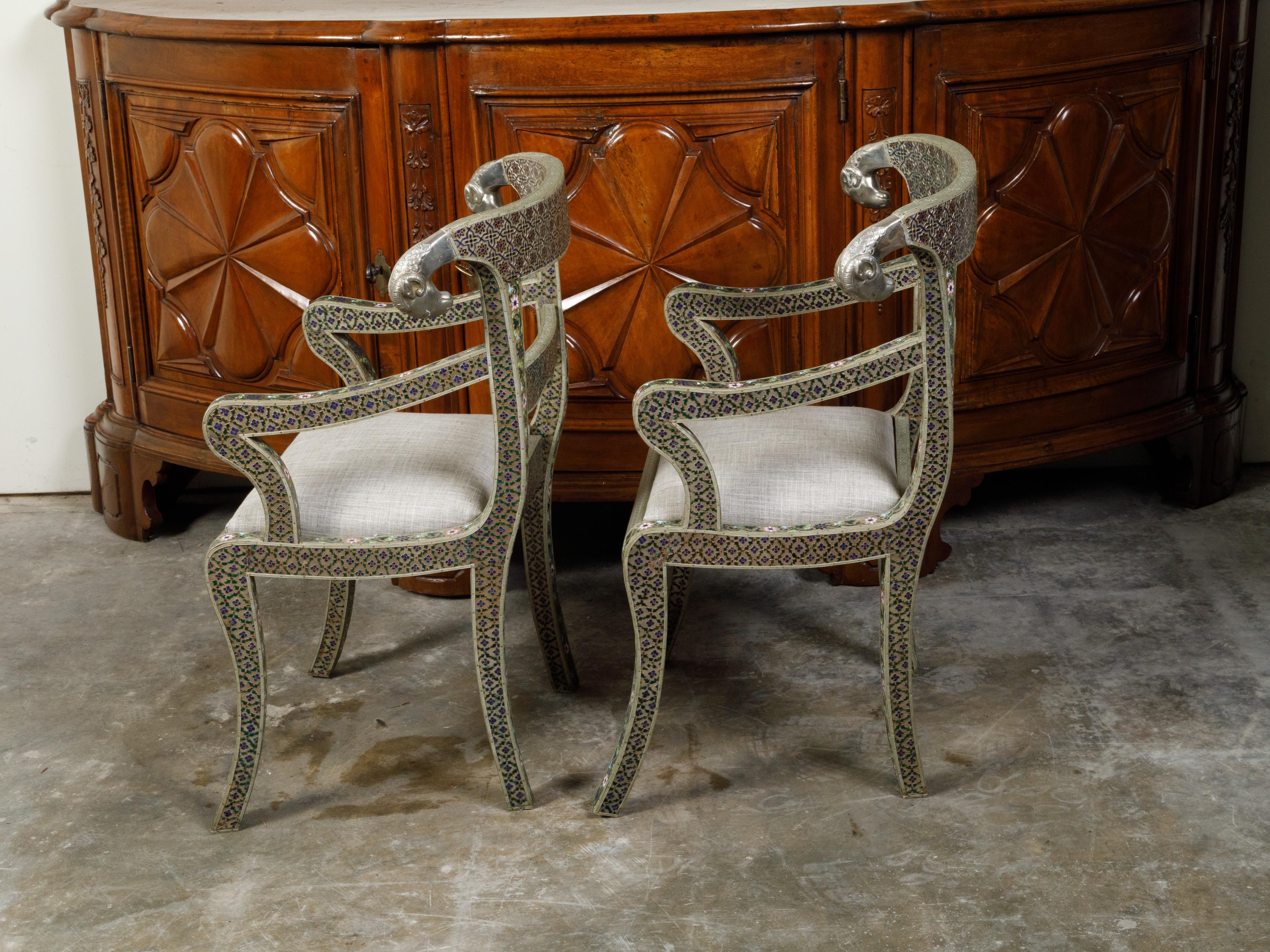 Pair of Moroccan Metal Upholstered Armchairs with Enamel Décor and Rams' Heads 7