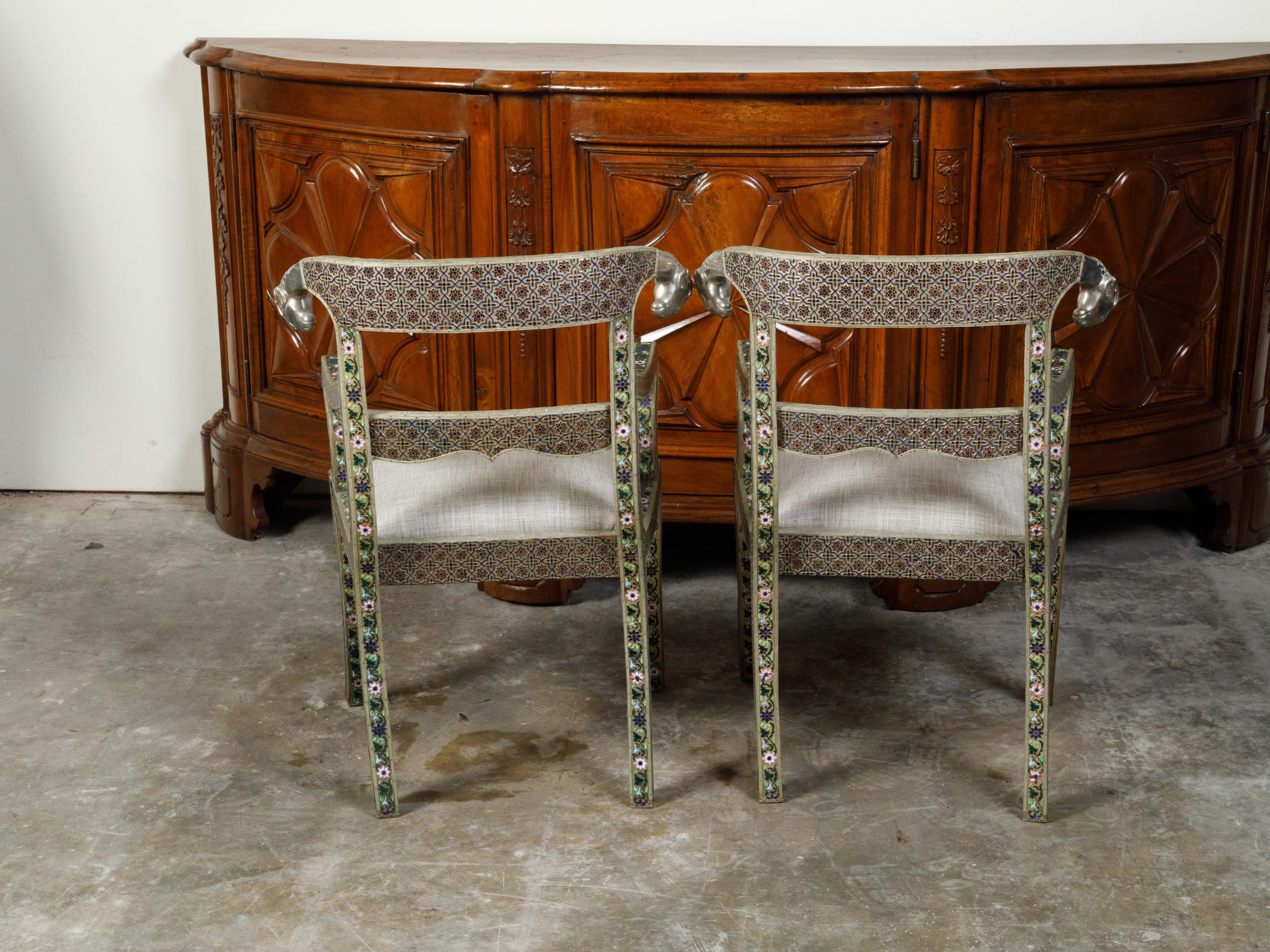 Pair of Moroccan Metal Upholstered Armchairs with Enamel Décor and Rams' Heads 8
