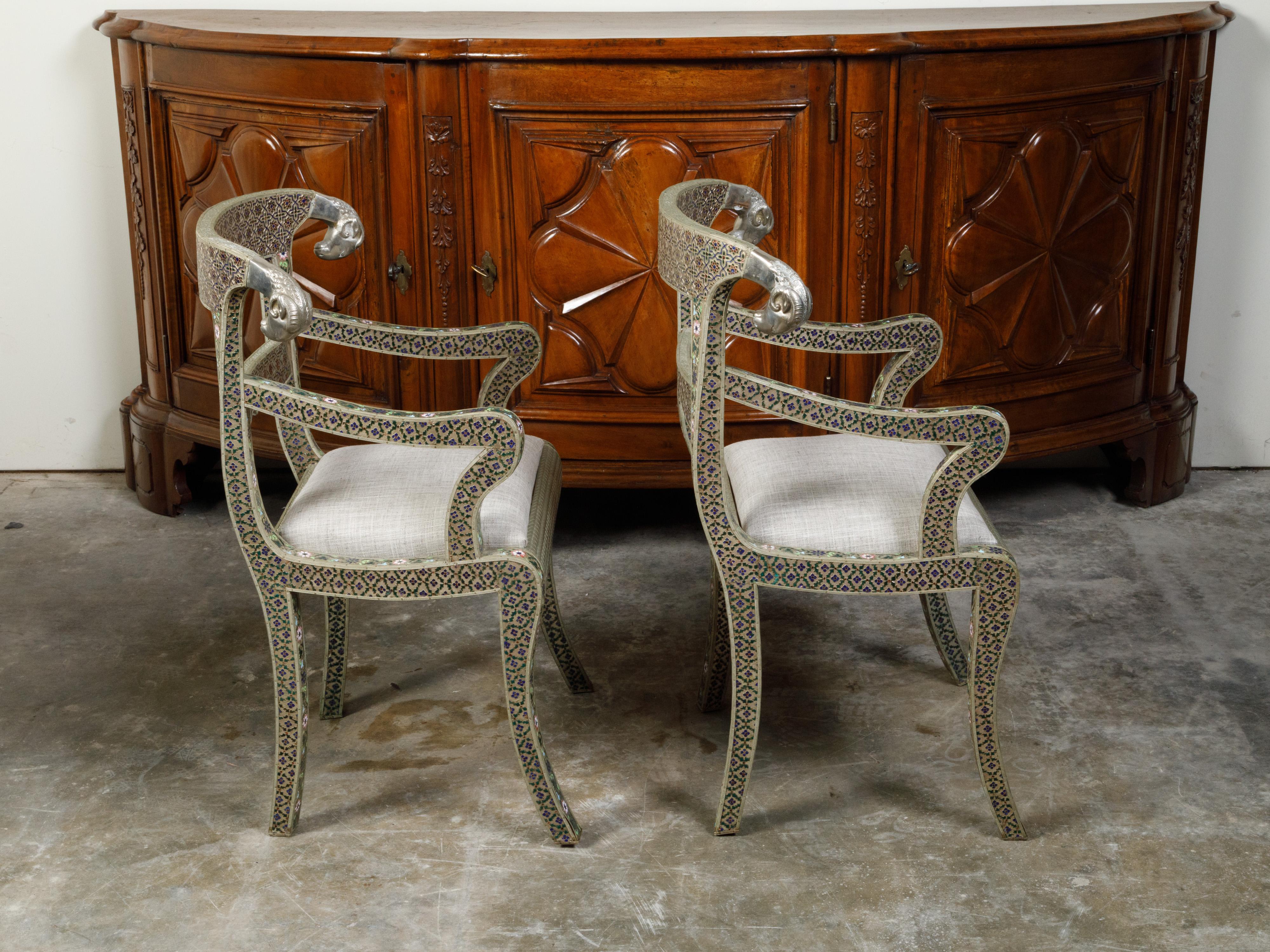 Pair of Moroccan Metal Upholstered Armchairs with Enamel Décor and Rams' Heads 9