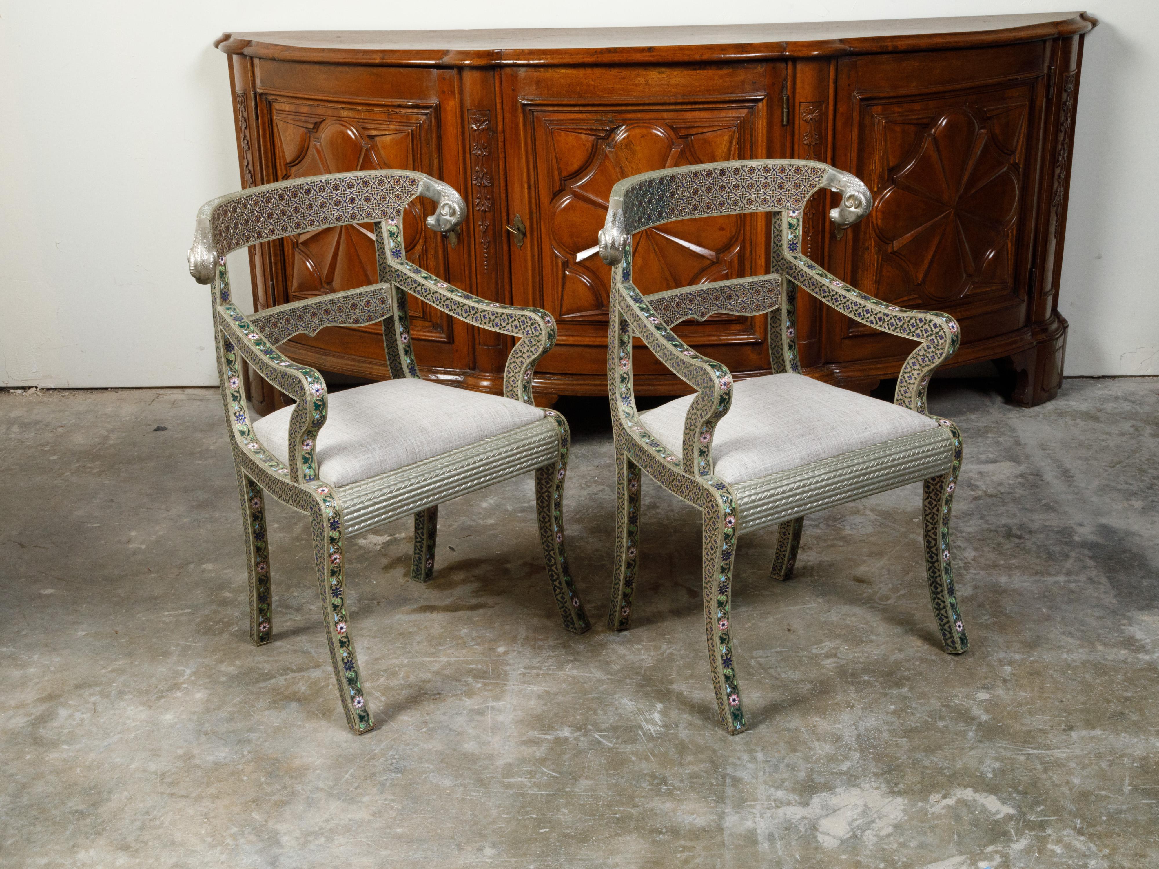 Pair of Moroccan Metal Upholstered Armchairs with Enamel Décor and Rams' Heads 10