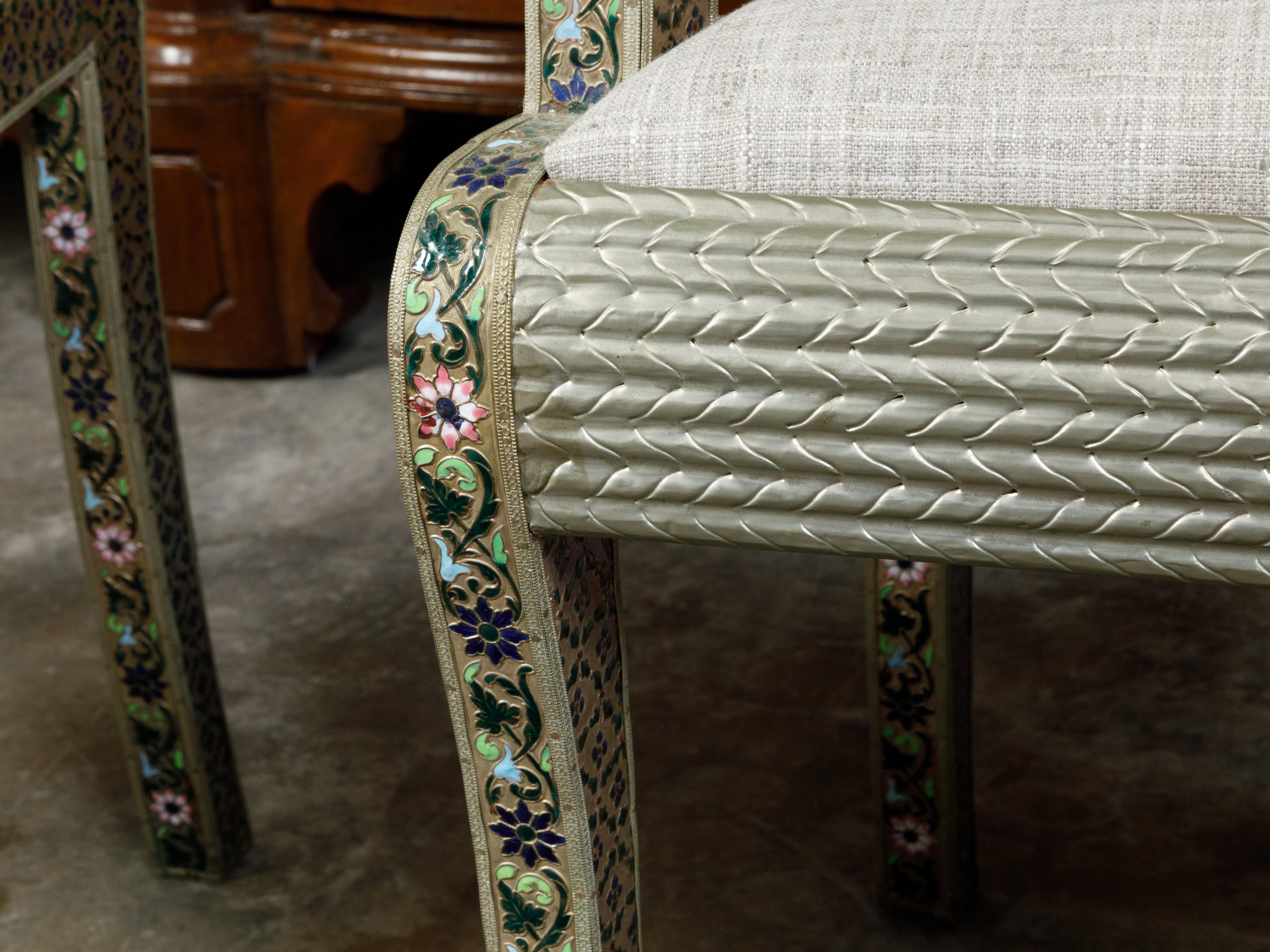 Pair of Moroccan Metal Upholstered Armchairs with Enamel Décor and Rams' Heads 4