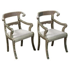 Pair of Moroccan Metal Upholstered Armchairs with Enamel Décor and Rams' Heads
