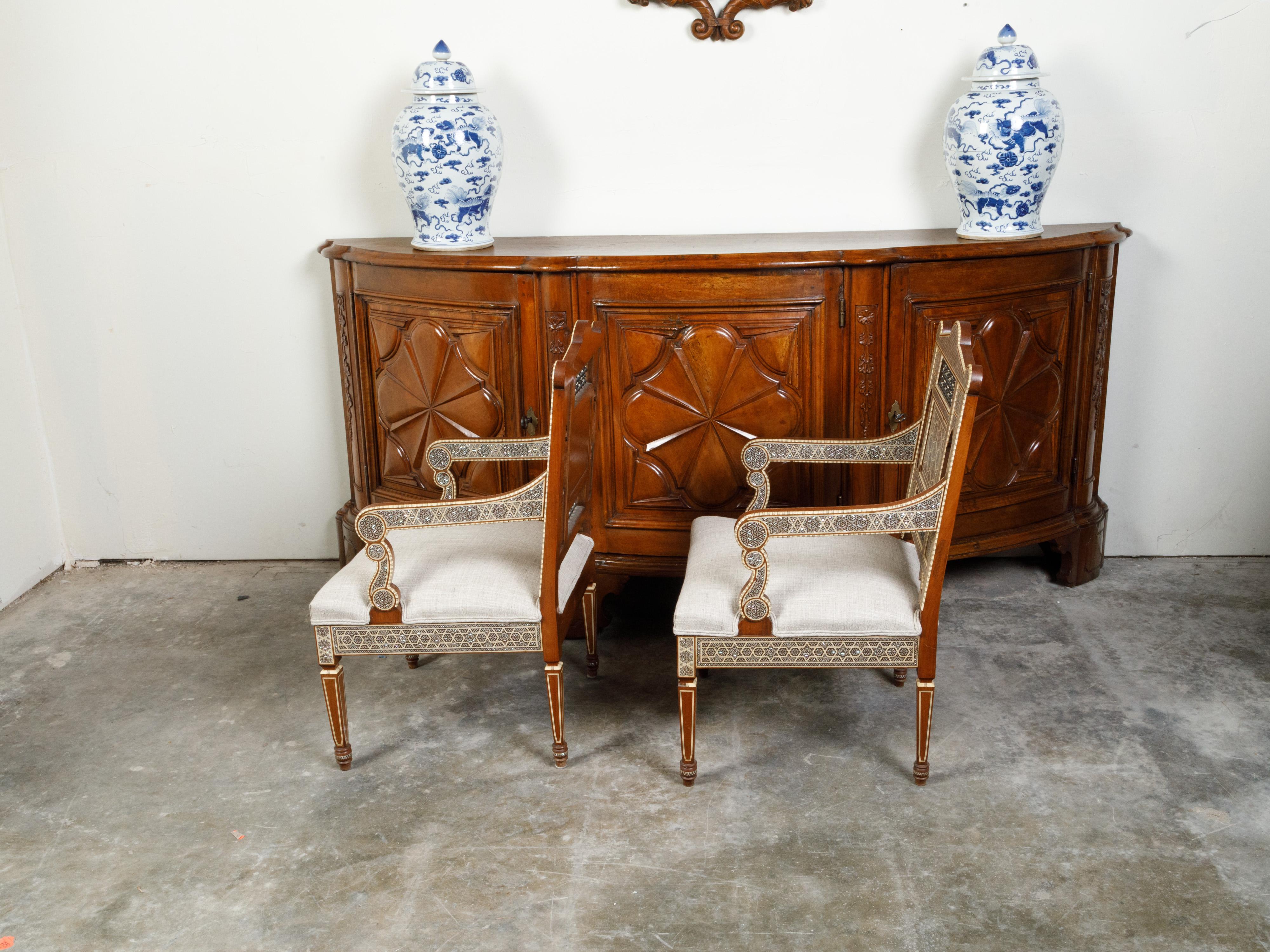 Pair of Moroccan Mid-Century Armchairs with Geometric Mother-of-pearl Inlay 7