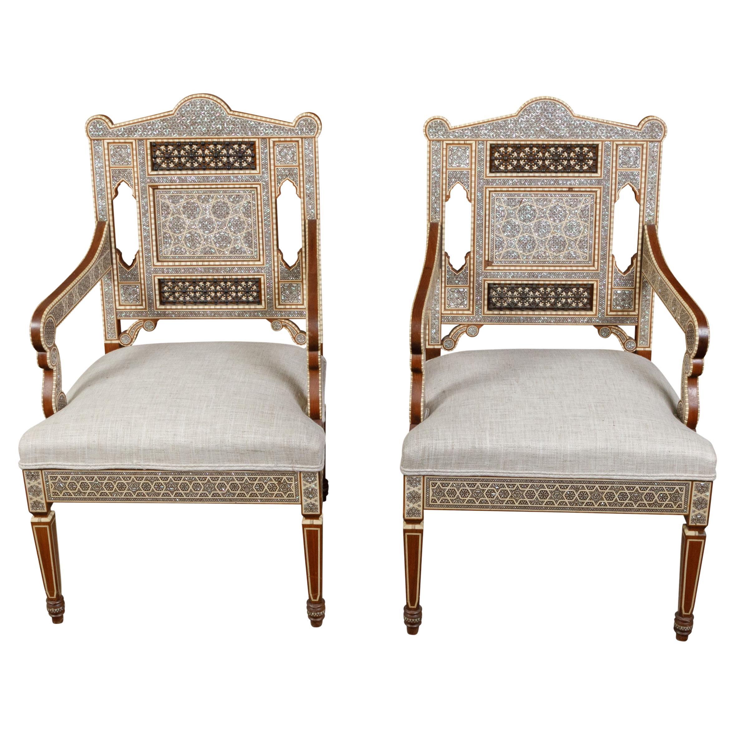 Pair of Moroccan Mid-Century Armchairs with Geometric Mother-of-pearl Inlay