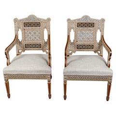 Pair of Moroccan Mid-Century Armchairs with Geometric Mother-of-pearl Inlay