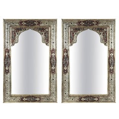 Pair of Moroccan Mirrors with Silvered Metal Filigree and Leather