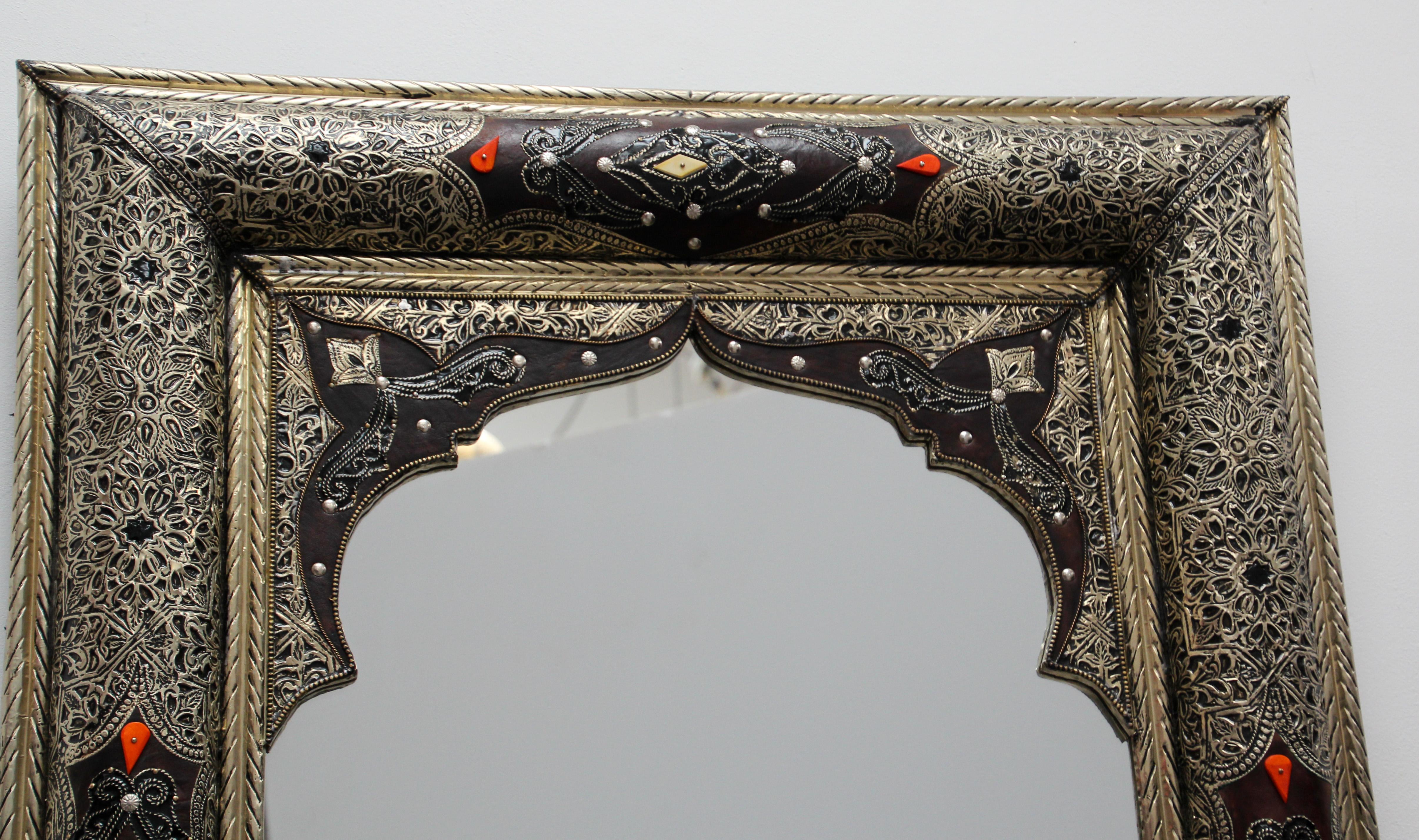 Pair of Moroccan Mirrors with Silvered Metal and Leather Wrapped 9