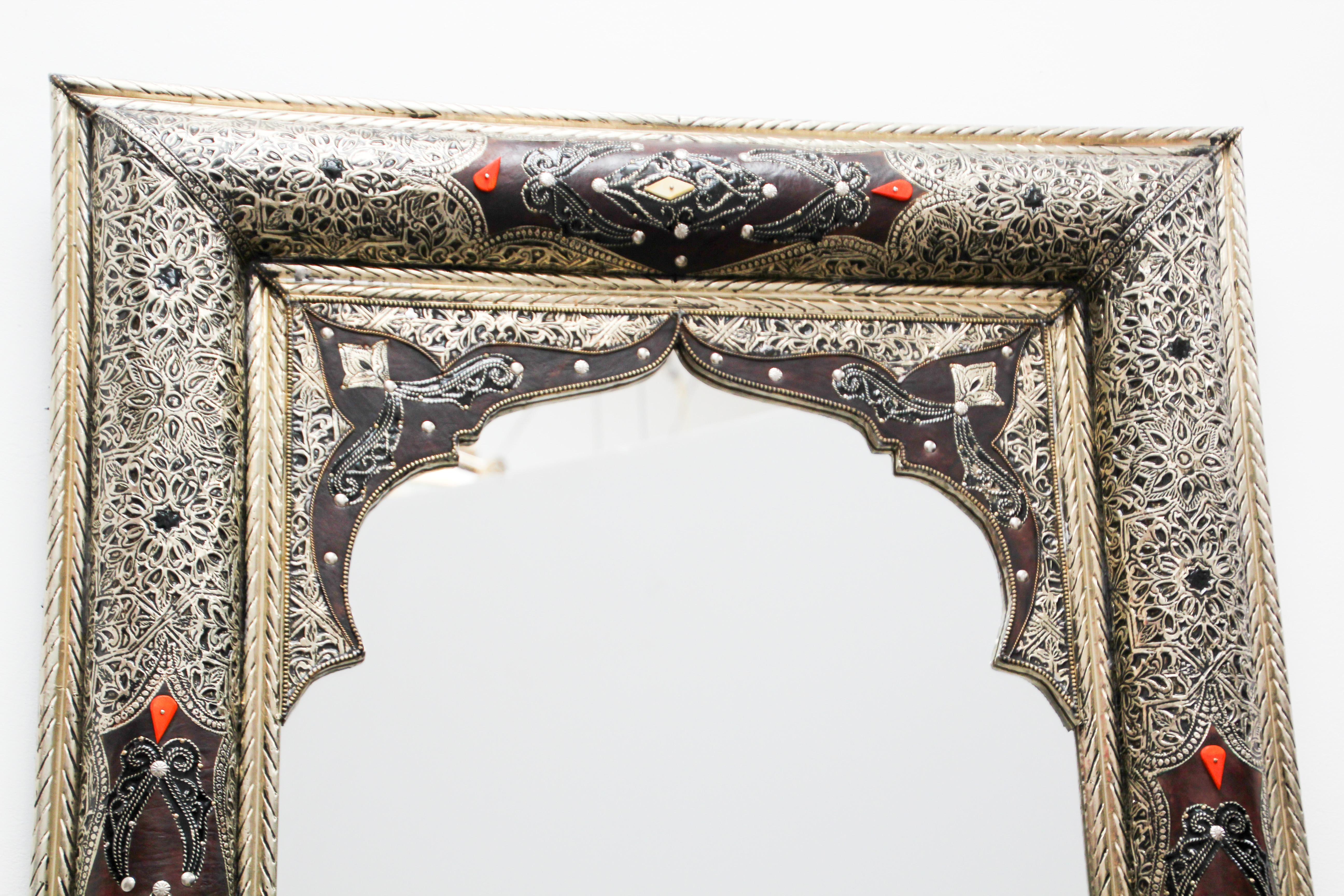 Pair of Moroccan Mirrors with Silvered Metal and Leather Wrapped 11