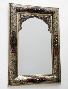 Pair of Moroccan Mirrors with Silvered Metal and Leather Wrapped