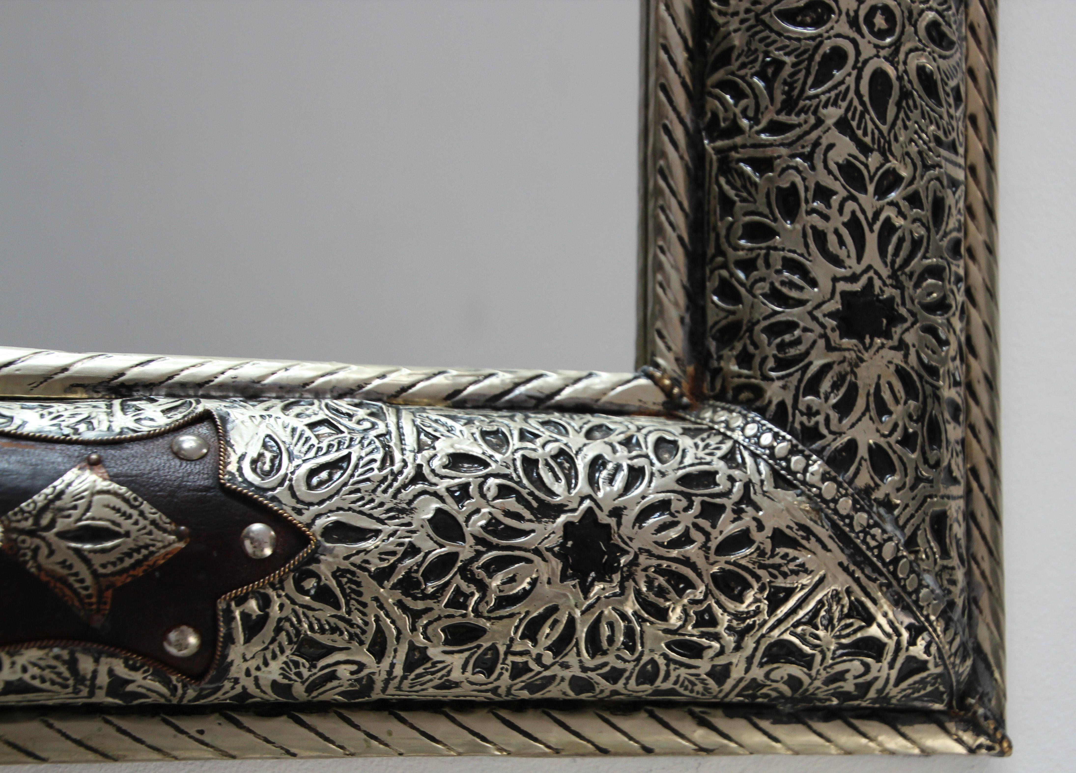 Pair of Moroccan Mirrors with Silvered Metal Filigree and Leather 1