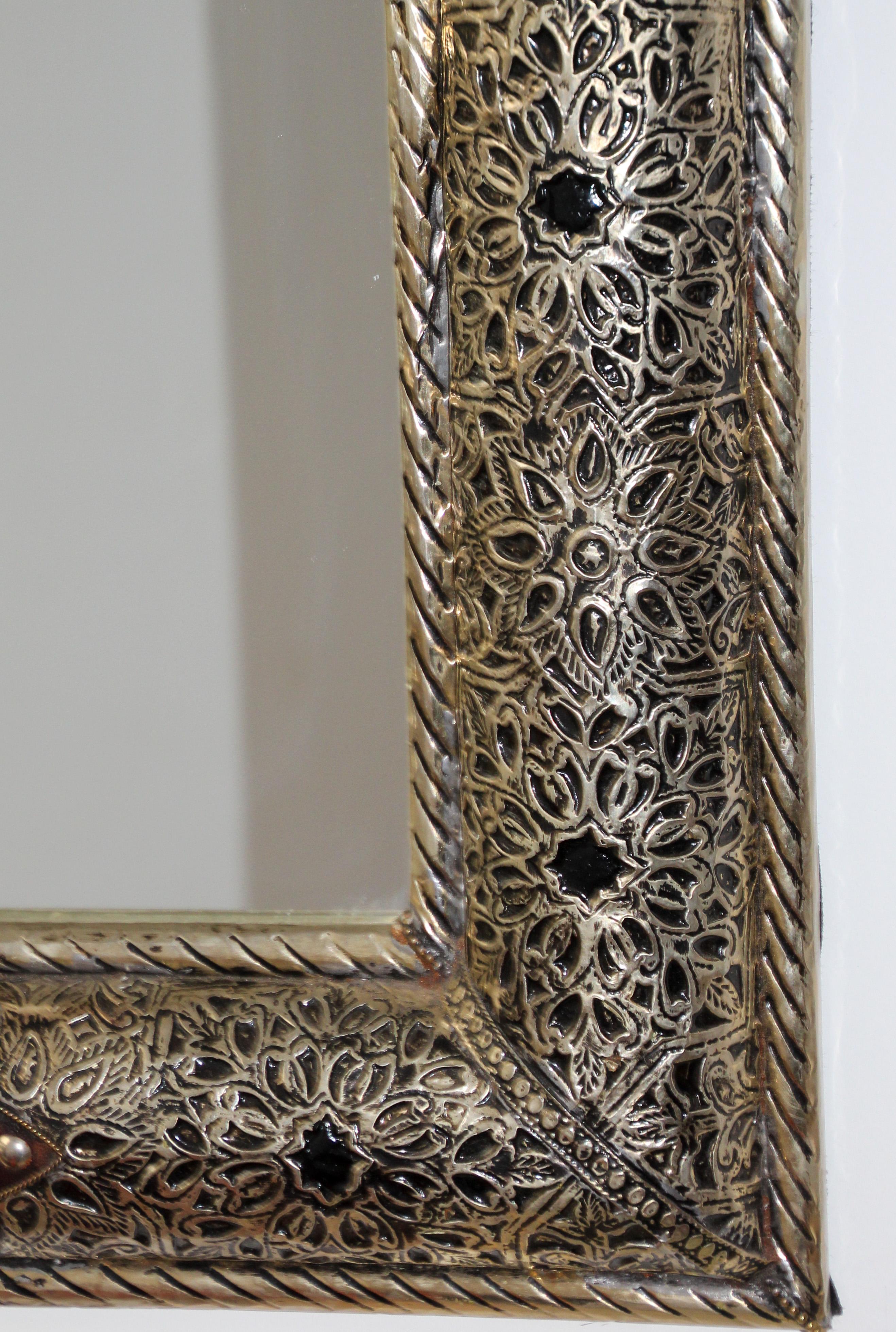 Pair of Moroccan Mirrors with Silvered Metal Filigree and Leather 6