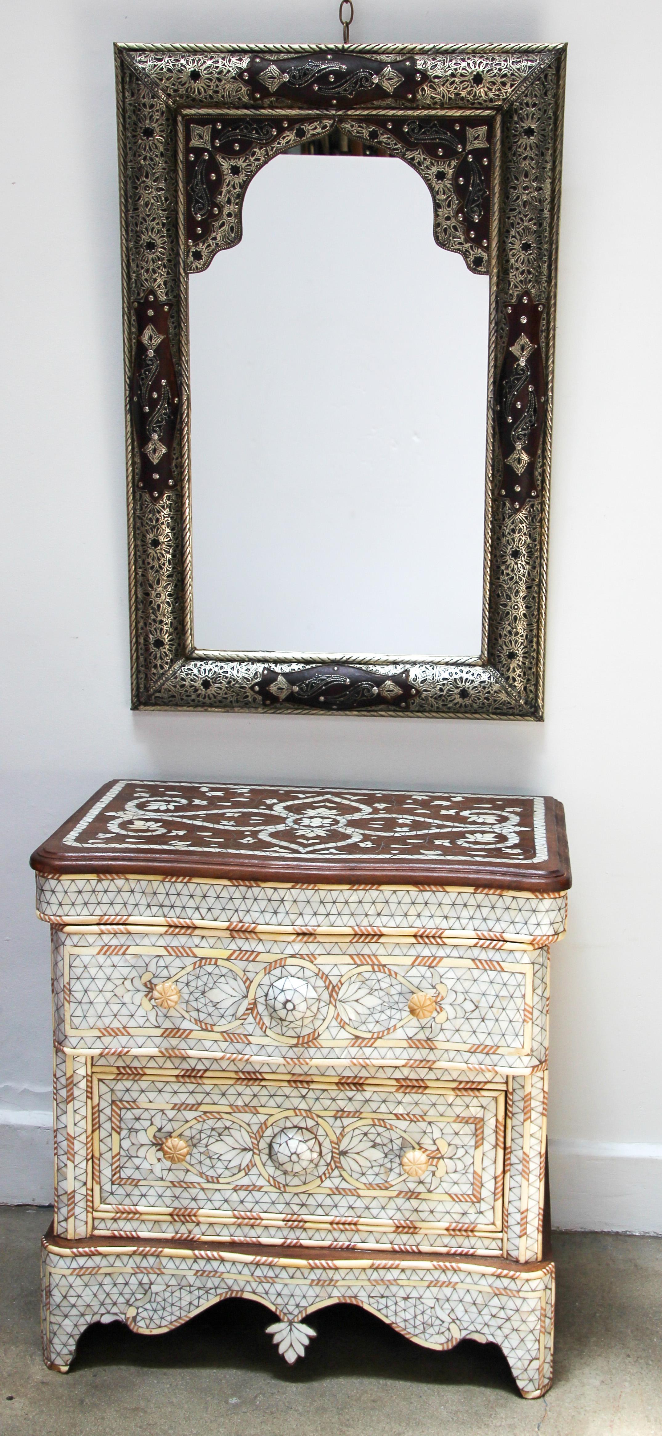 Pair of Moroccan Mirrors with Silvered Metal Filigree and Leather 7