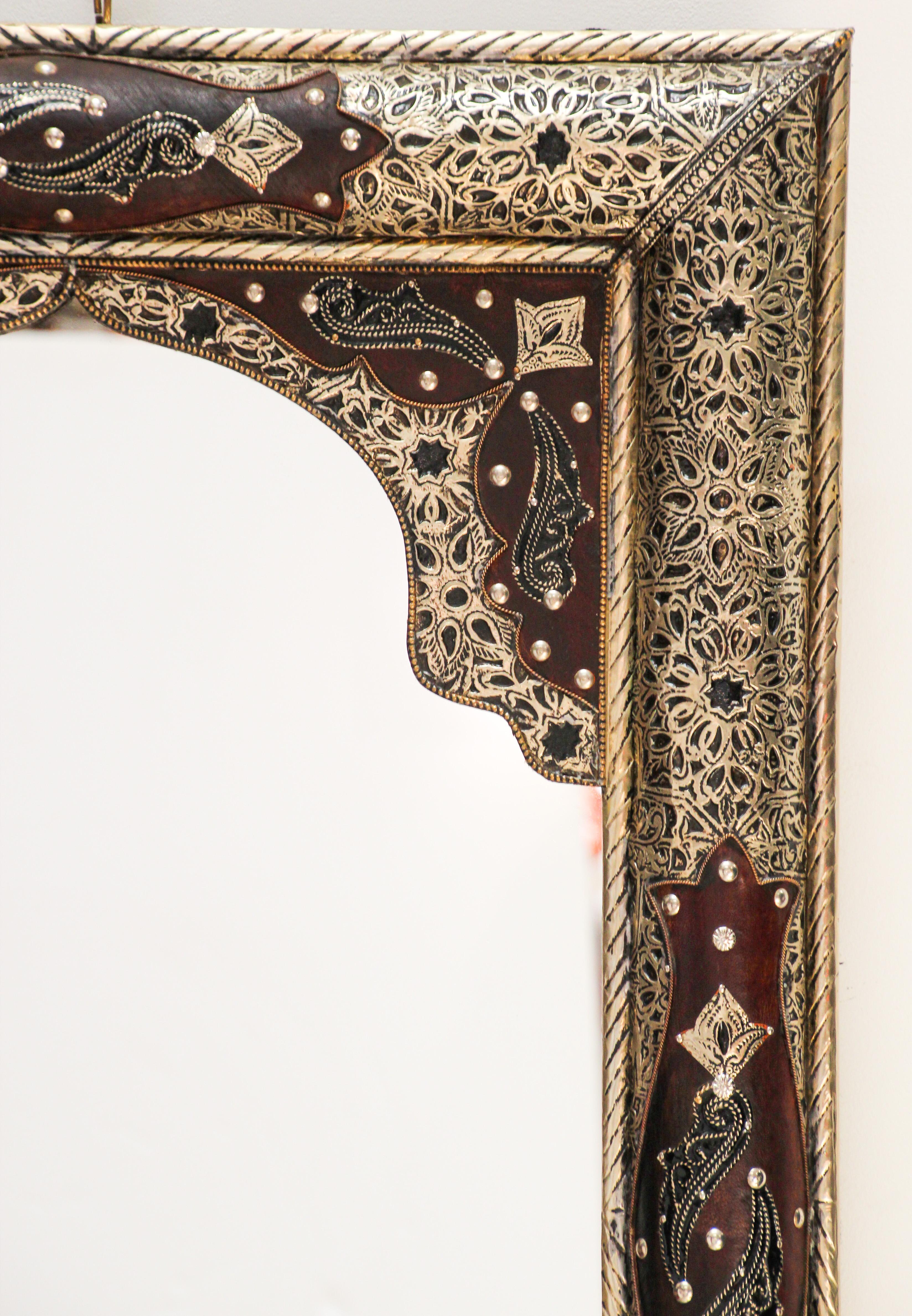 Pair of Moroccan Mirrors with Silvered Metal Filigree and Leather 9