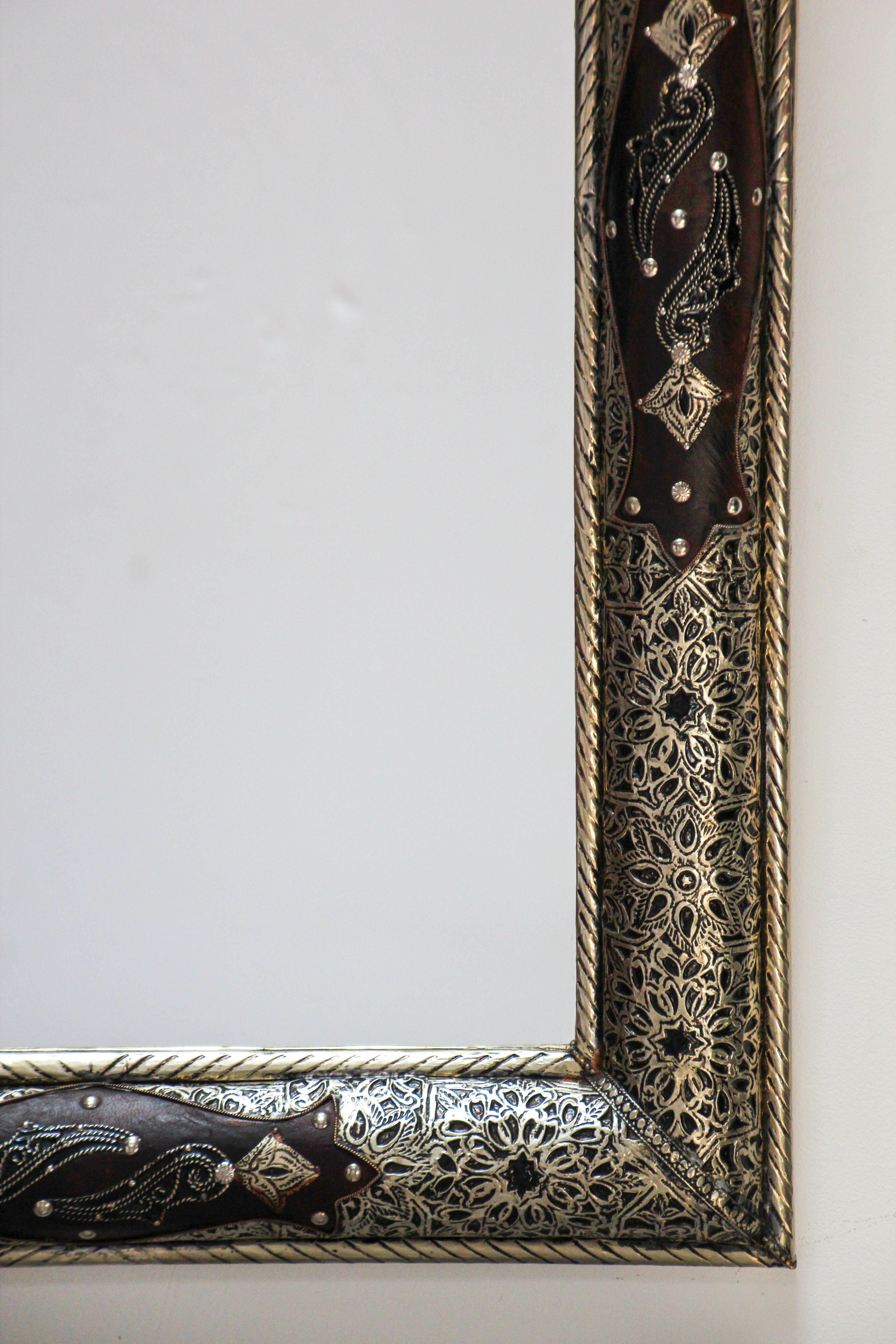 Pair of Moroccan Mirrors with Silvered Metal Filigree and Leather 10