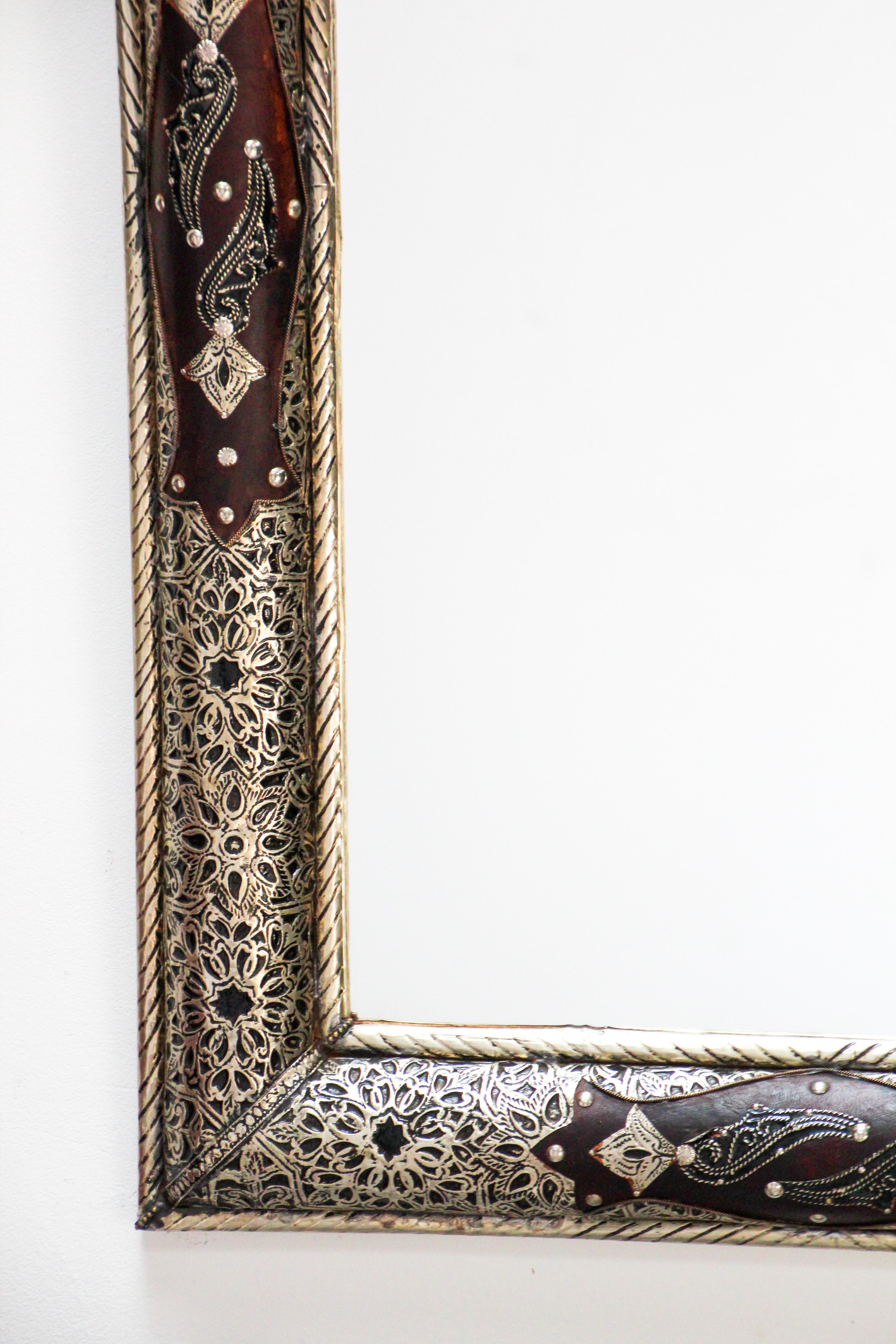 Pair of Moroccan Mirrors with Silvered Metal Filigree and Leather 11