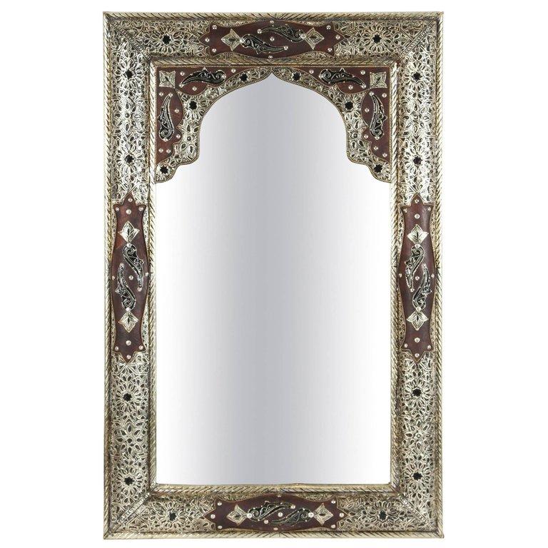 Hand-Crafted Pair of Moroccan Mirrors with Silvered Metal Filigree and Leather