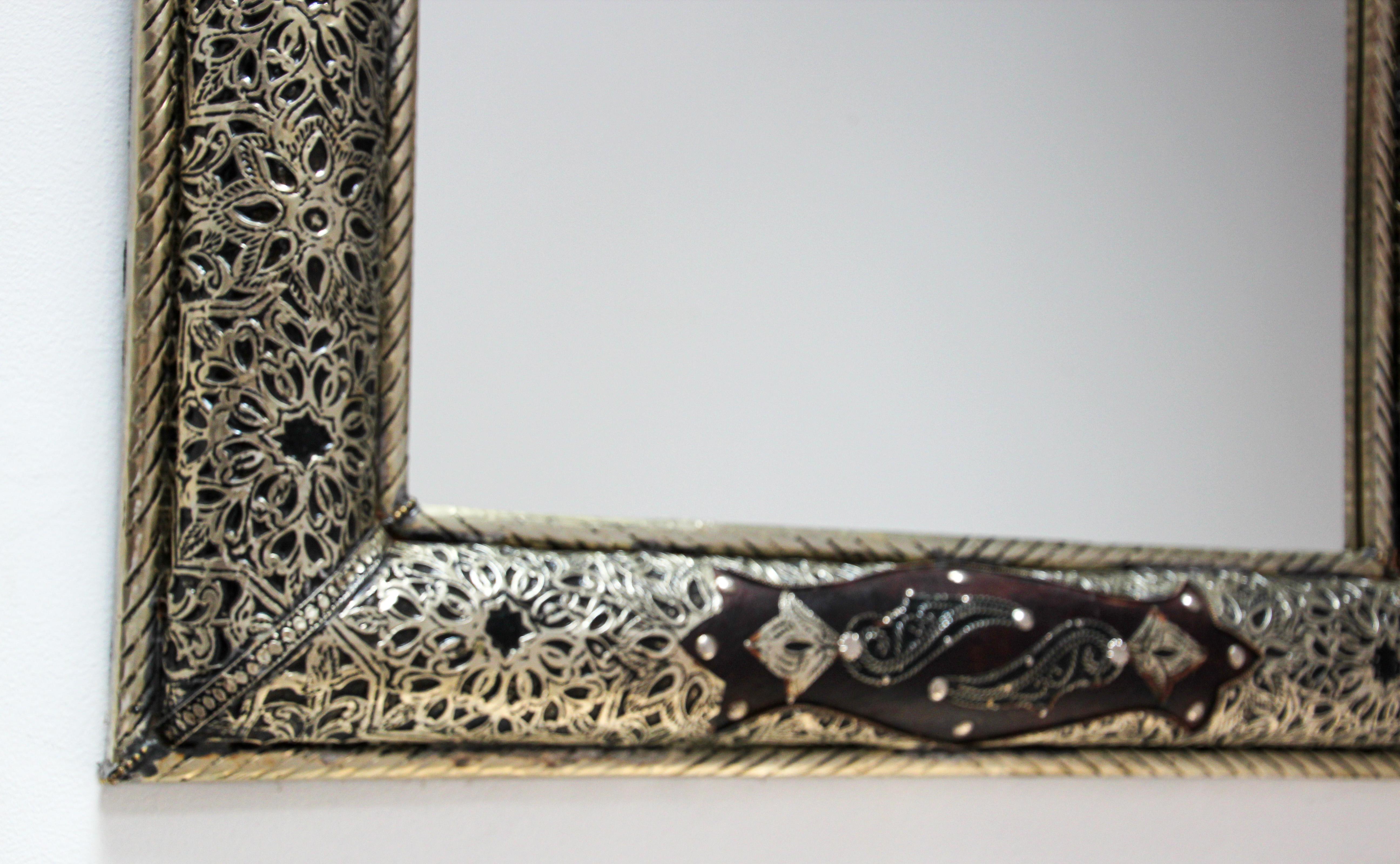 Pair of Moroccan Mirrors with Silvered Metal Filigree and Leather In Good Condition In North Hollywood, CA
