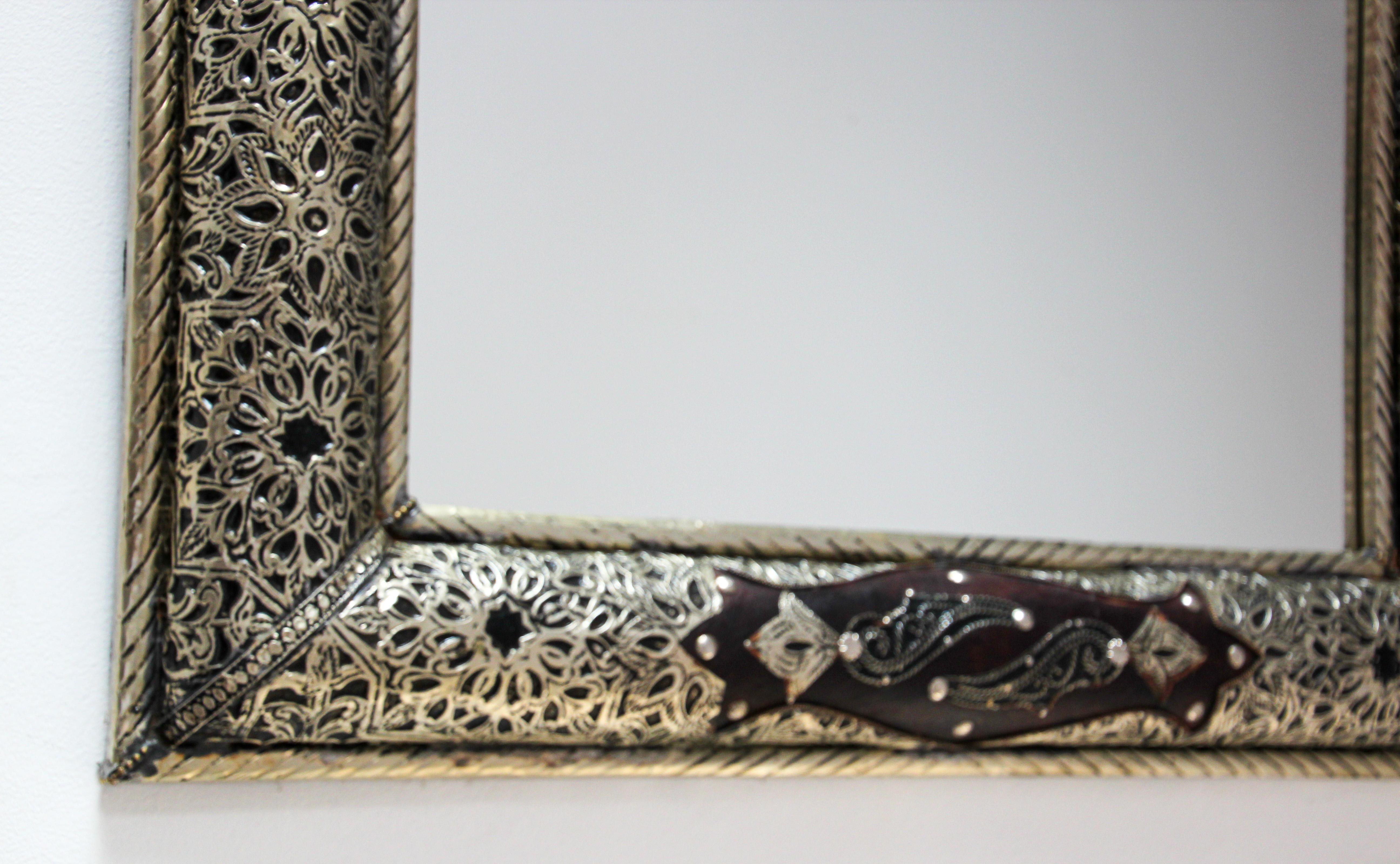 Pair of Moroccan Mirrors with Silvered Metal Filigree and Leather In Good Condition In North Hollywood, CA