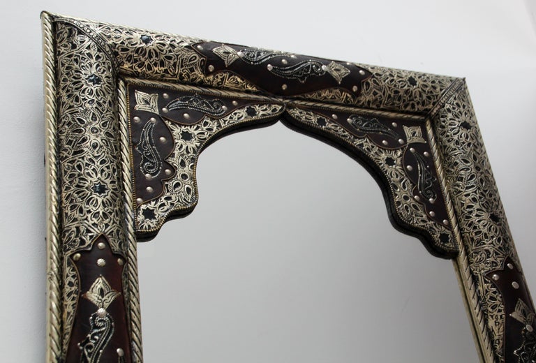 Pair Of Moroccan Mirrors With Silvered Metal Filigree And Leather