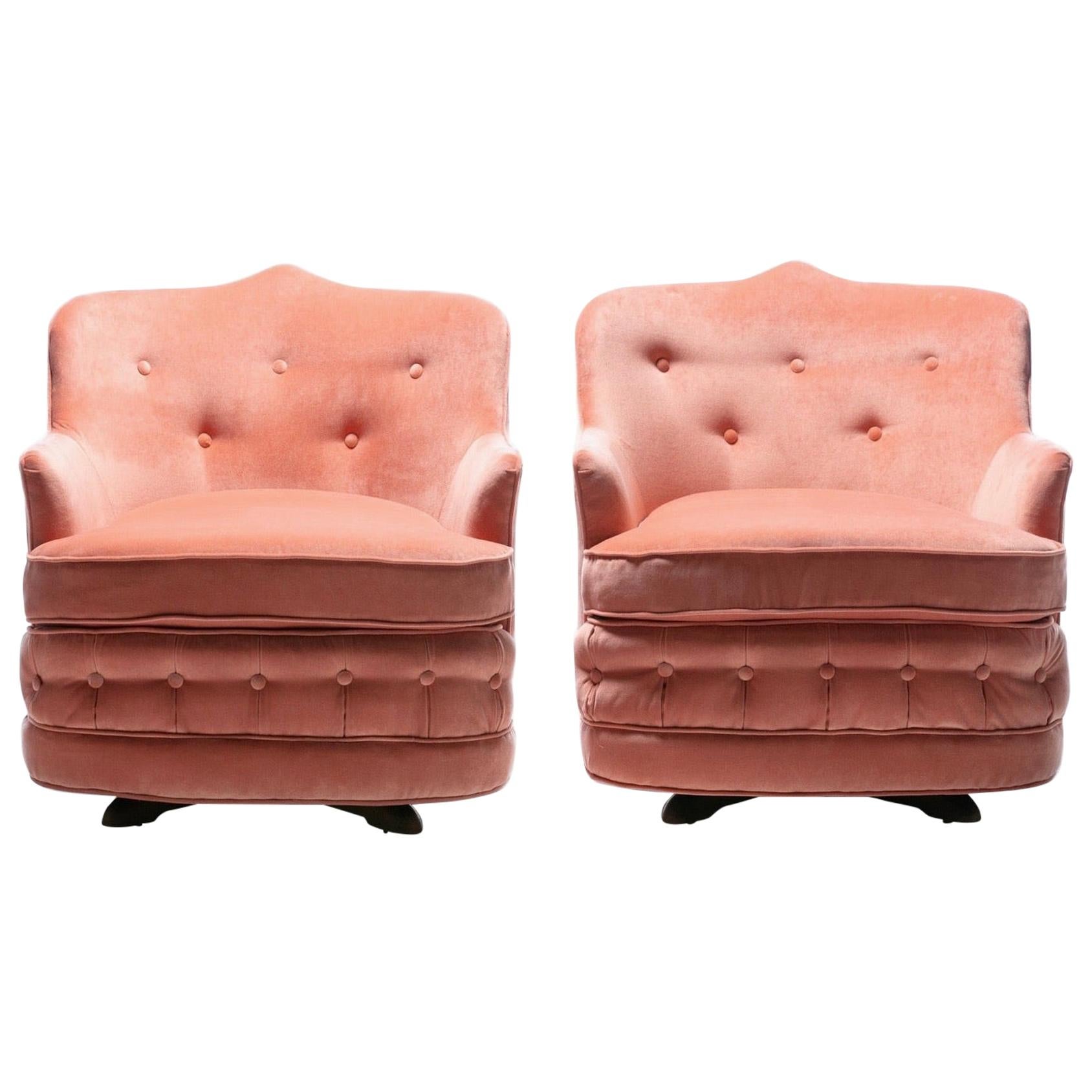 Pair of Moroccan Modern Hollywood Regency Swivel Chairs in Pink Velvet