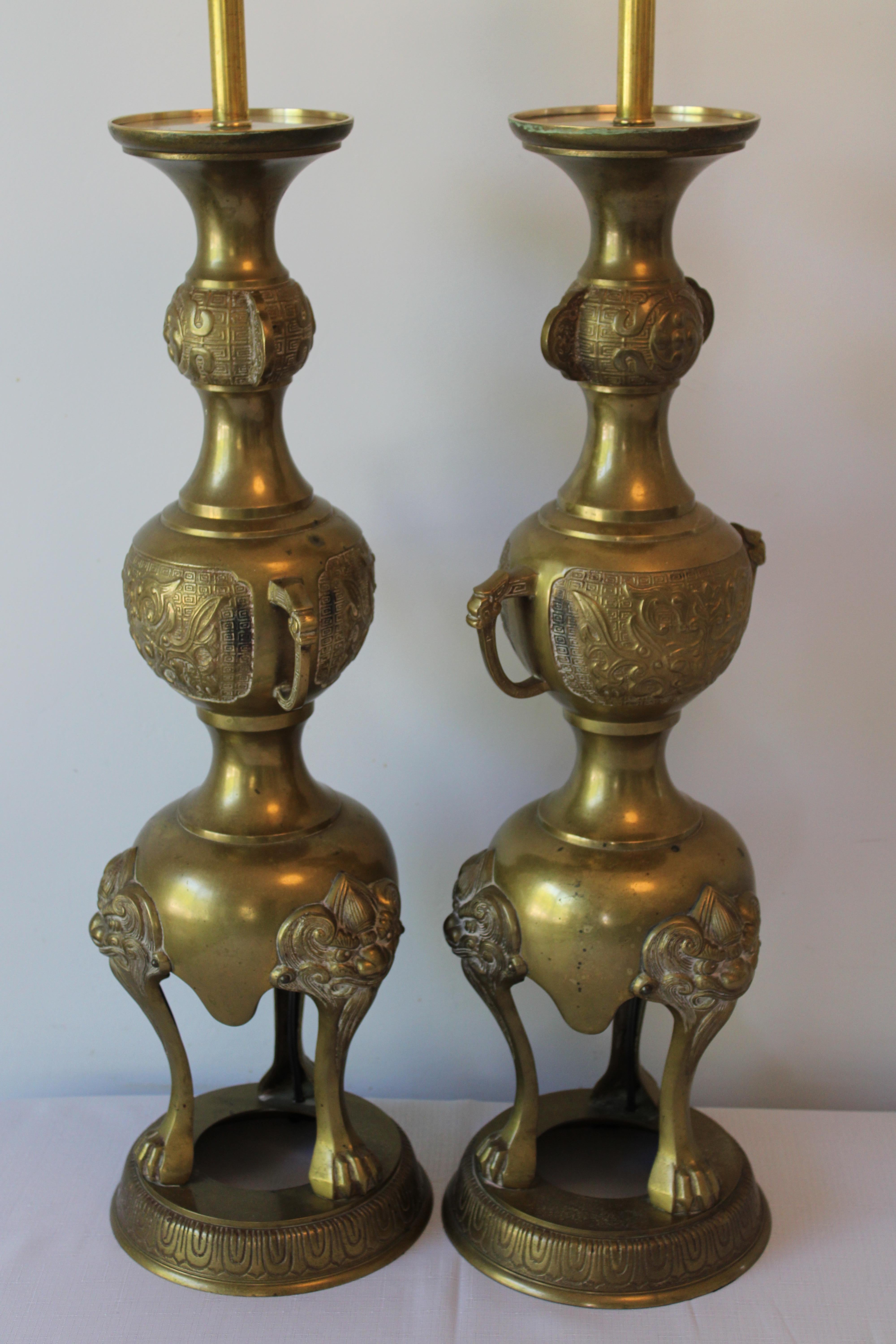 Pair of Moroccan Moorish brass lamps. Lamps measure 30.5