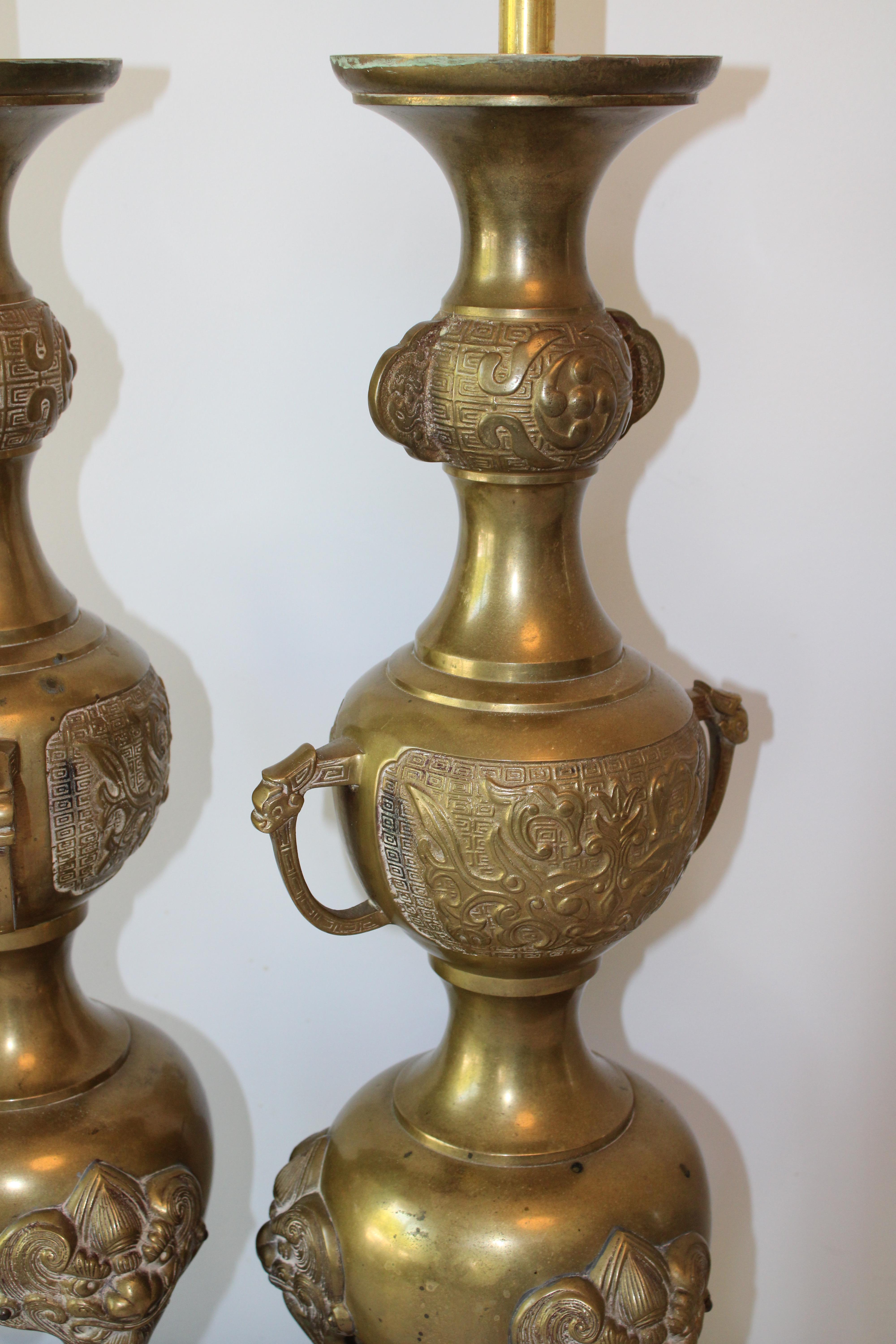 Mid-20th Century Pair of Moroccan Moorish Brass Lamps