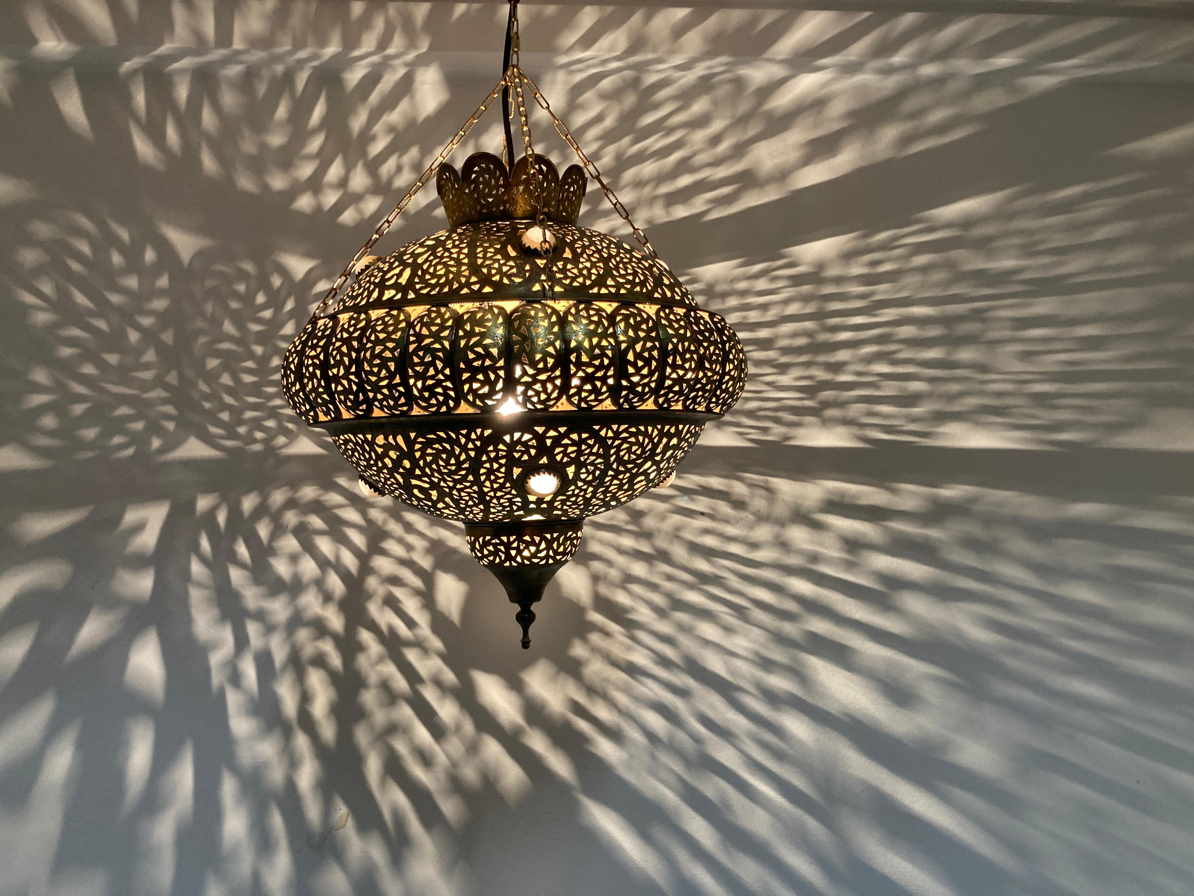 Pair of Moroccan Moorish Brass Light Pendants in Alberto Pinto Style 5