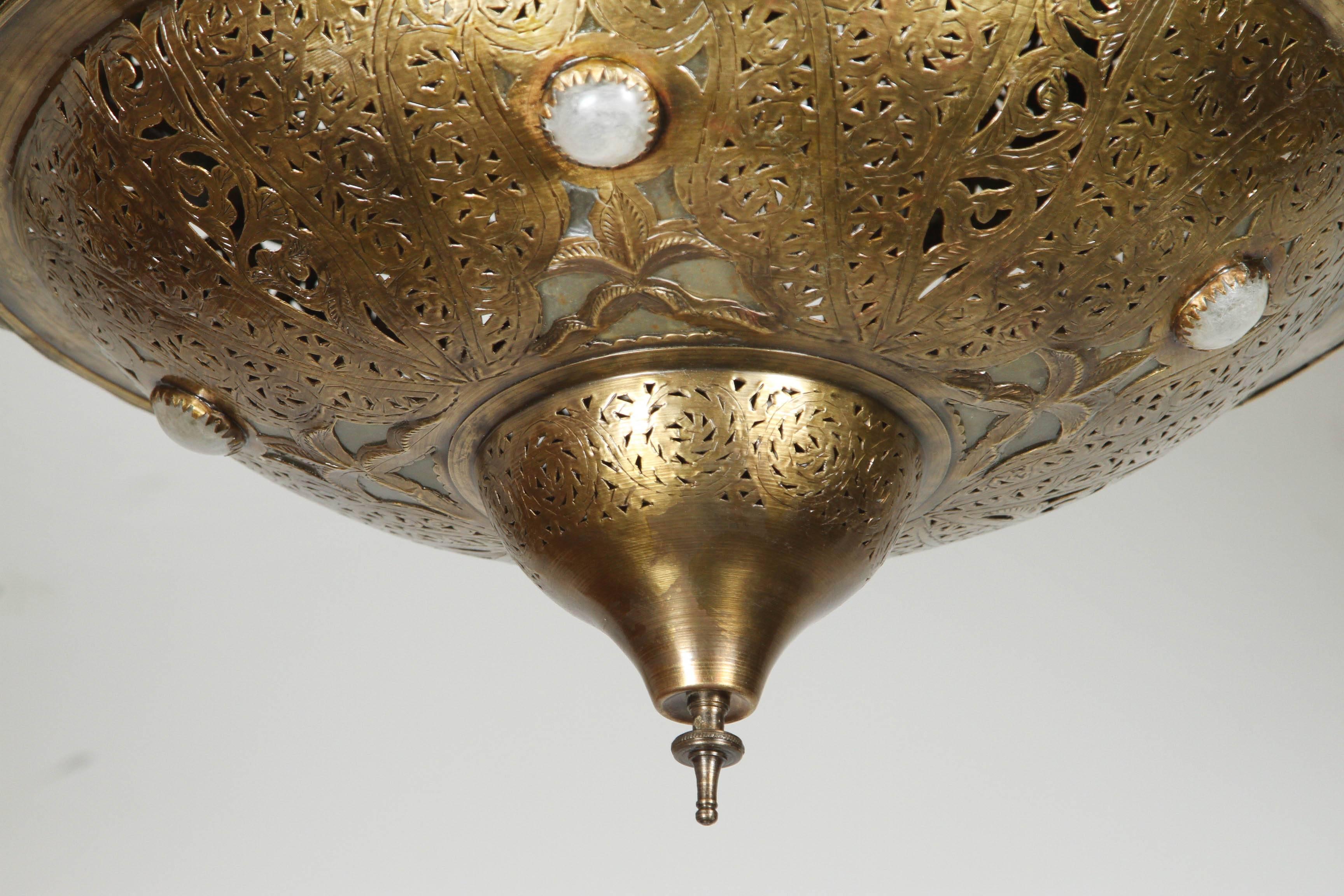Hand-Carved Pair of Moroccan Moorish Brass Light Pendants in Alberto Pinto Style