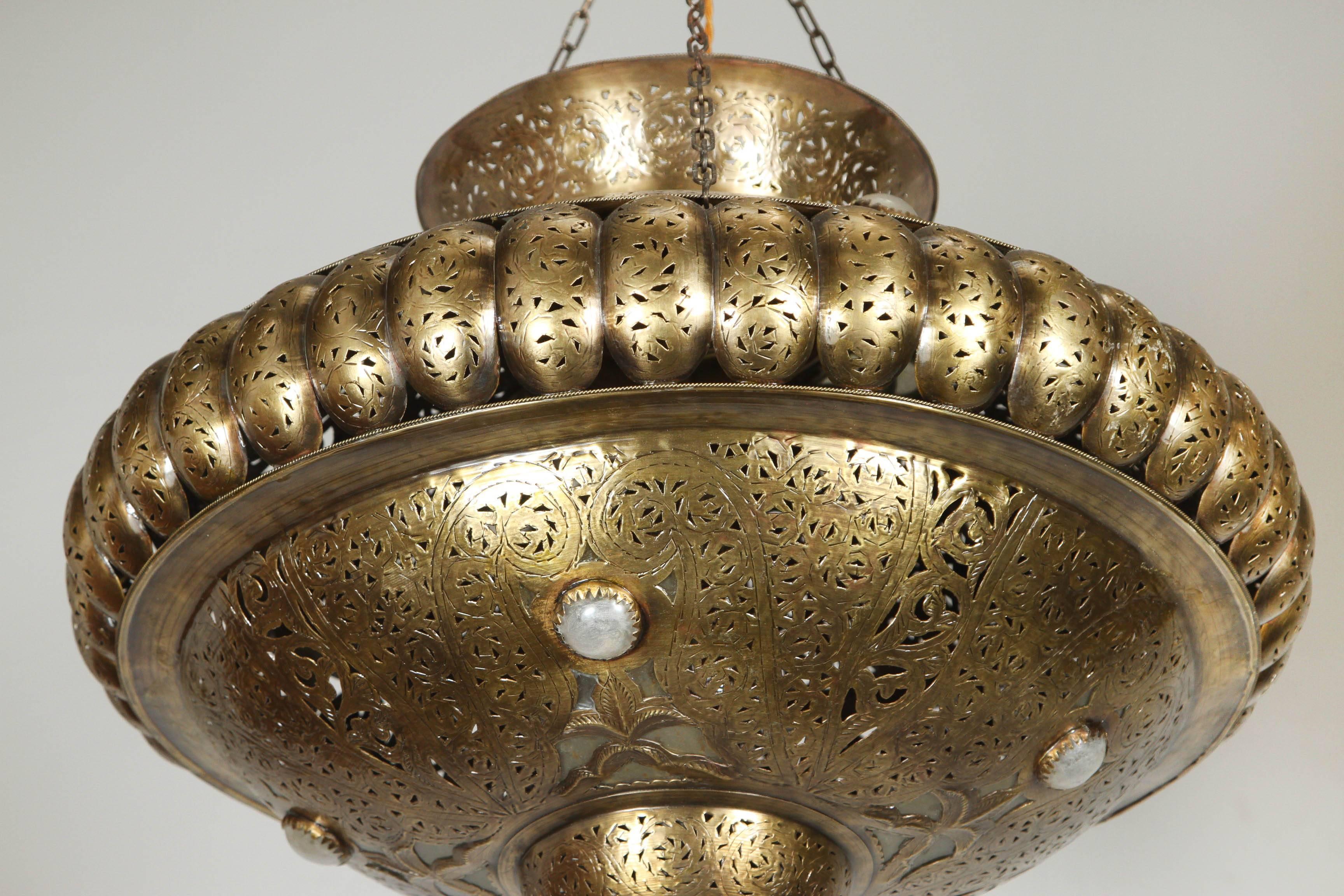 Pair of Moroccan Moorish Brass Light Pendants in Alberto Pinto Style In Excellent Condition In North Hollywood, CA