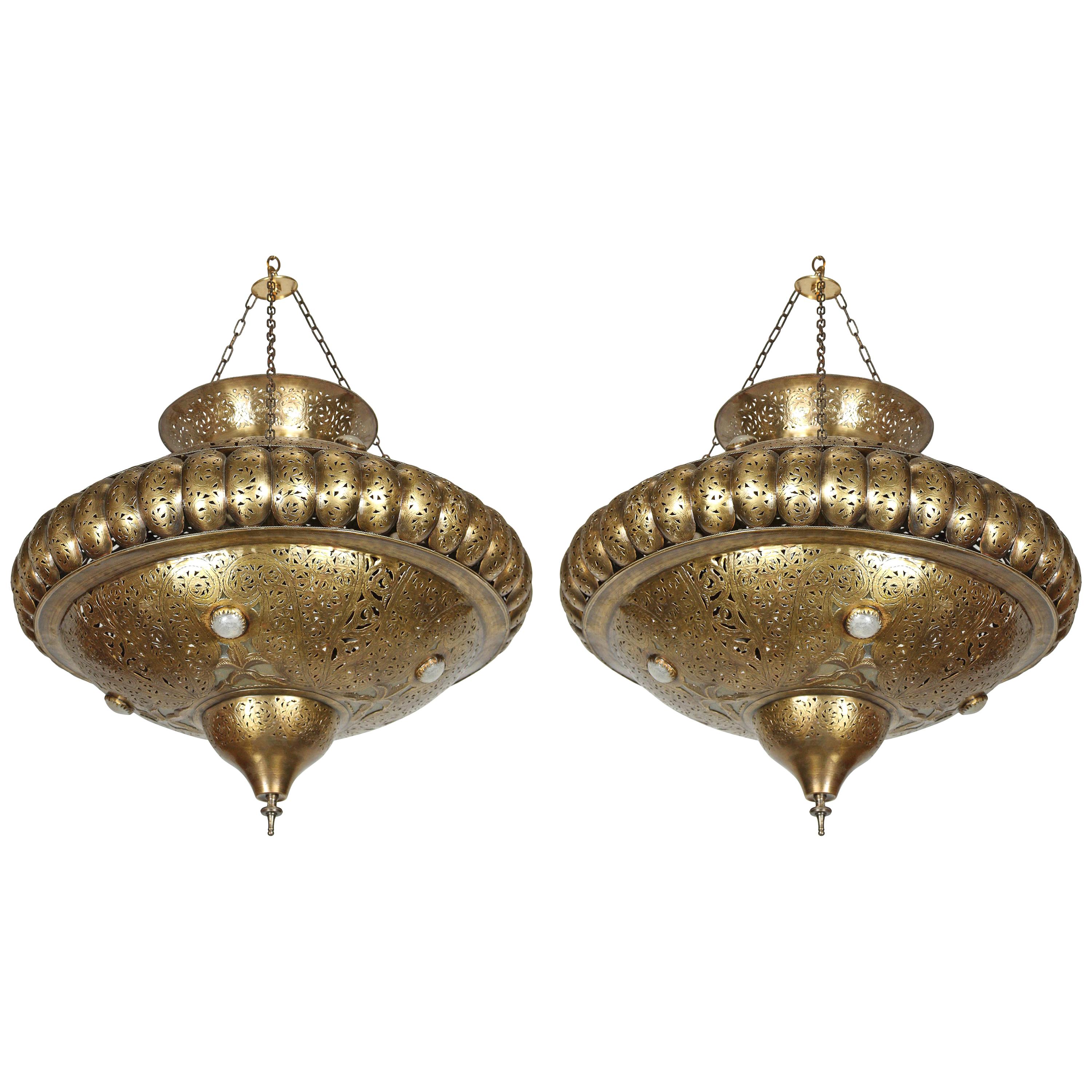 Pair of Moroccan Moorish Brass Light Pendants in Alberto Pinto Style