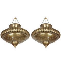 Pair of Moroccan Moorish Brass Light Pendants in Alberto Pinto Style